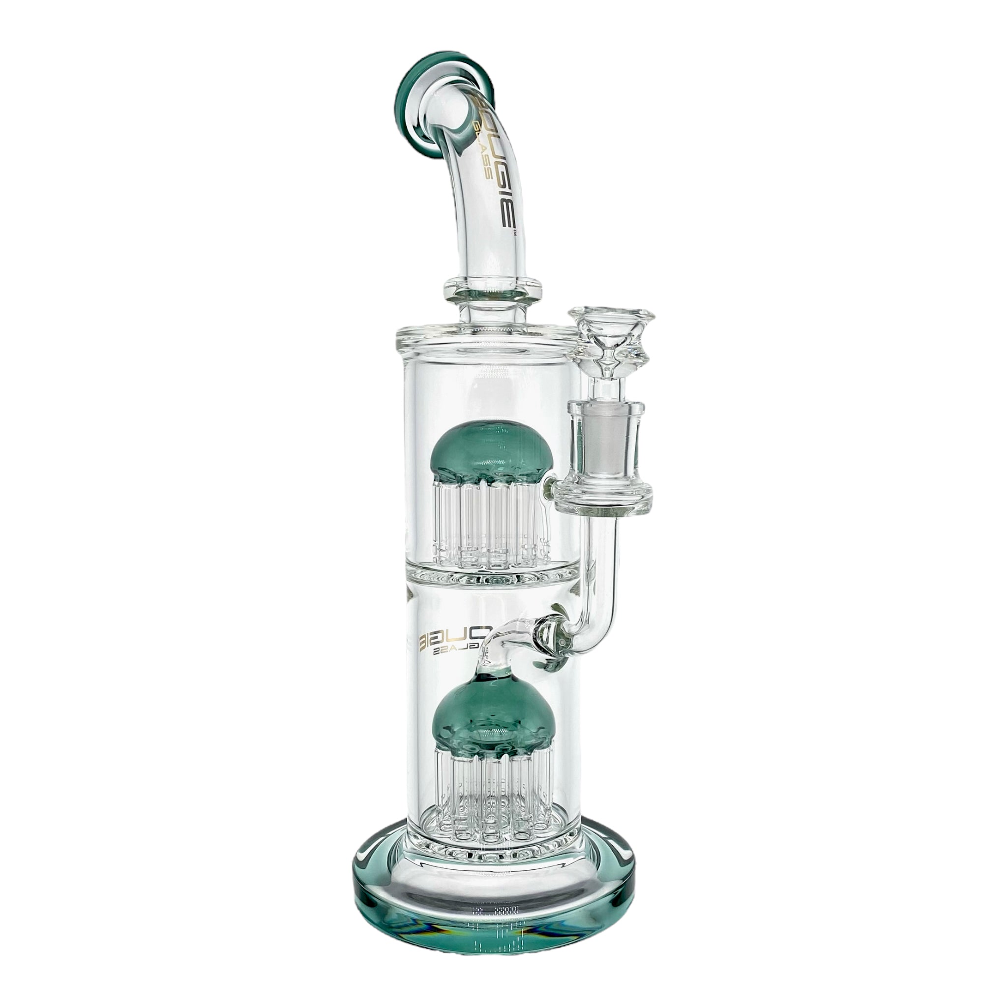 Bougie Glass Large Dab Rig With Dark Green Double Tree Perc 12 Inches Tall