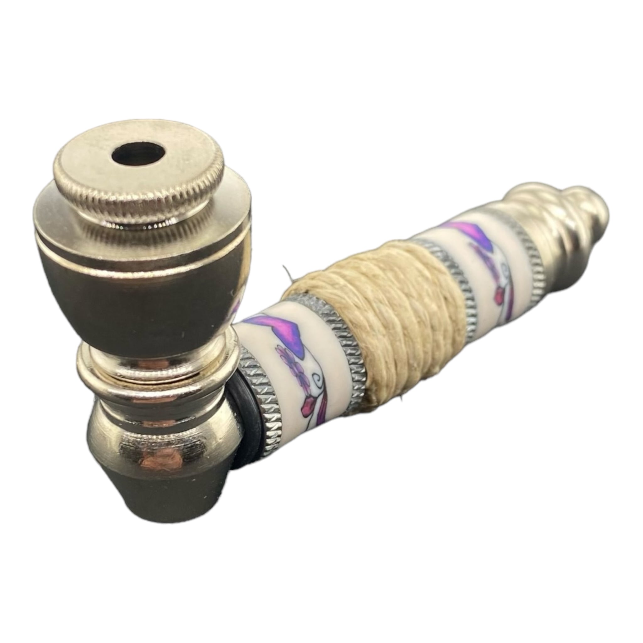 Metal Hand Pipes - Silver Chrome Hand Pipe With Purple Heart And Flowers With Hemp Twist