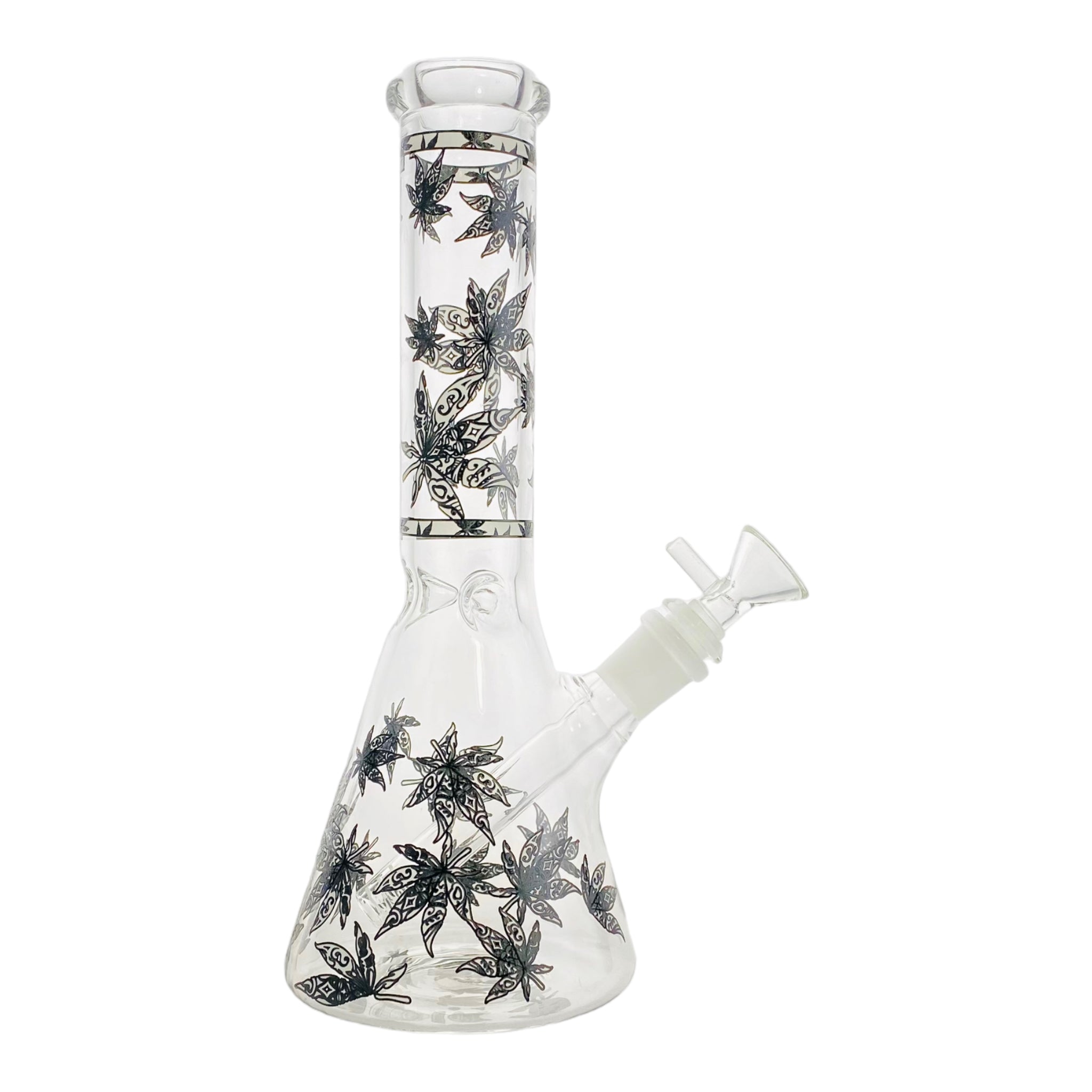 10 Inch Glass Beaker Bong with Decorative Weed Leaves