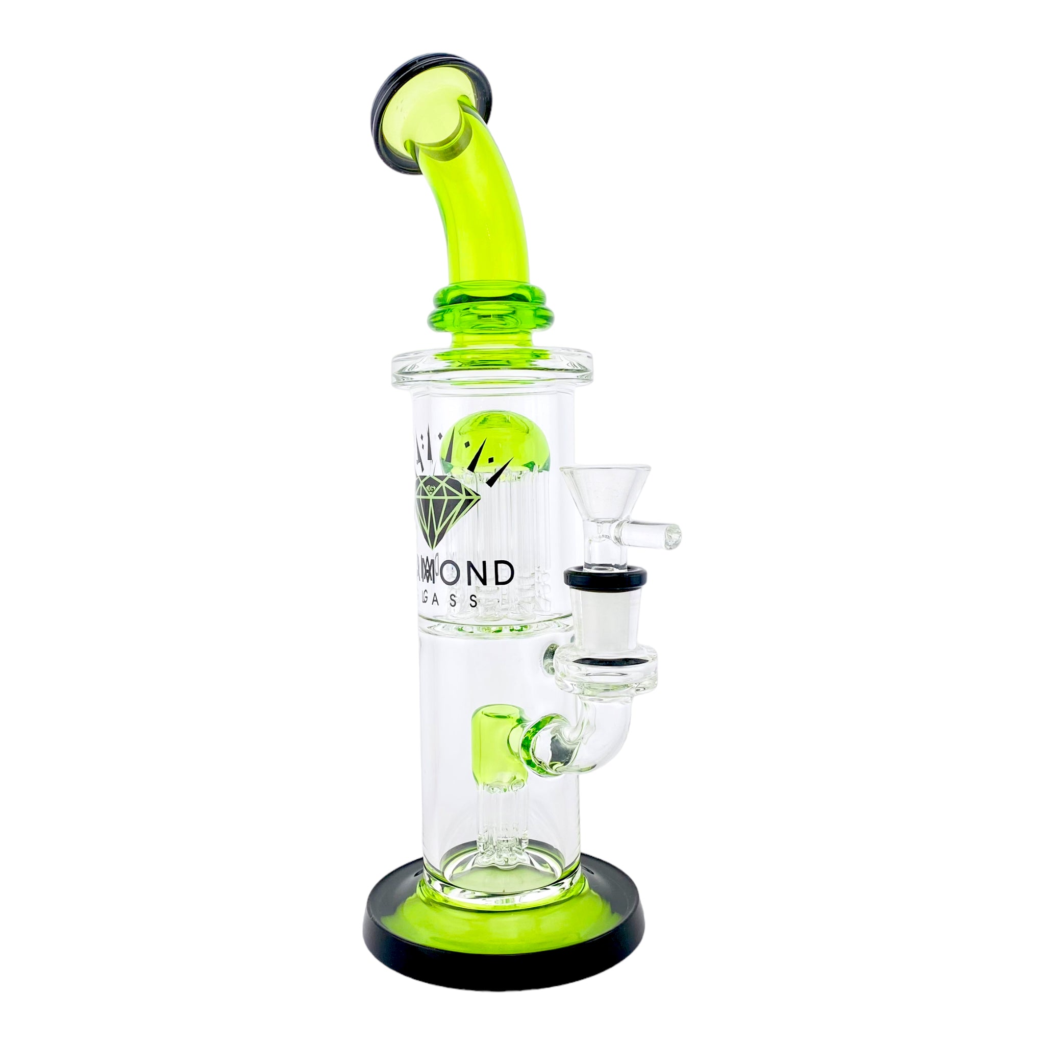 Diamond Glass Bubbler Bong With Double Tree Perc & Green & Black Accents