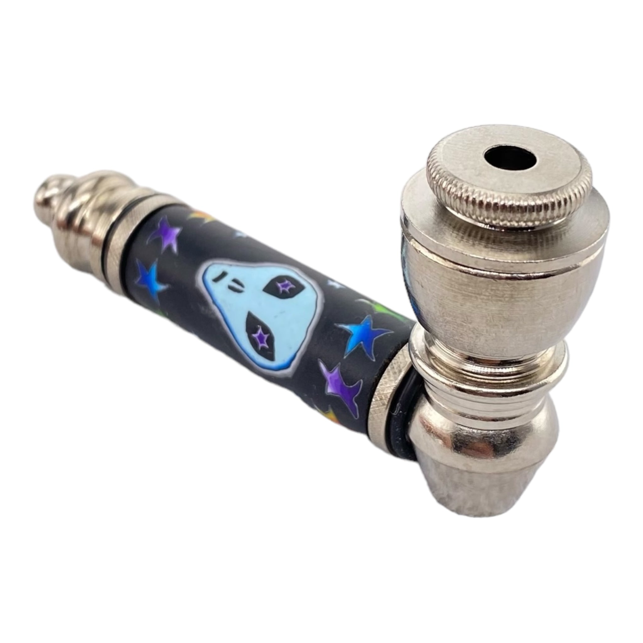 Metal Hand Pipes - Silver Chrome Hand Pipe With Blue Glow In The Dark Alien Head