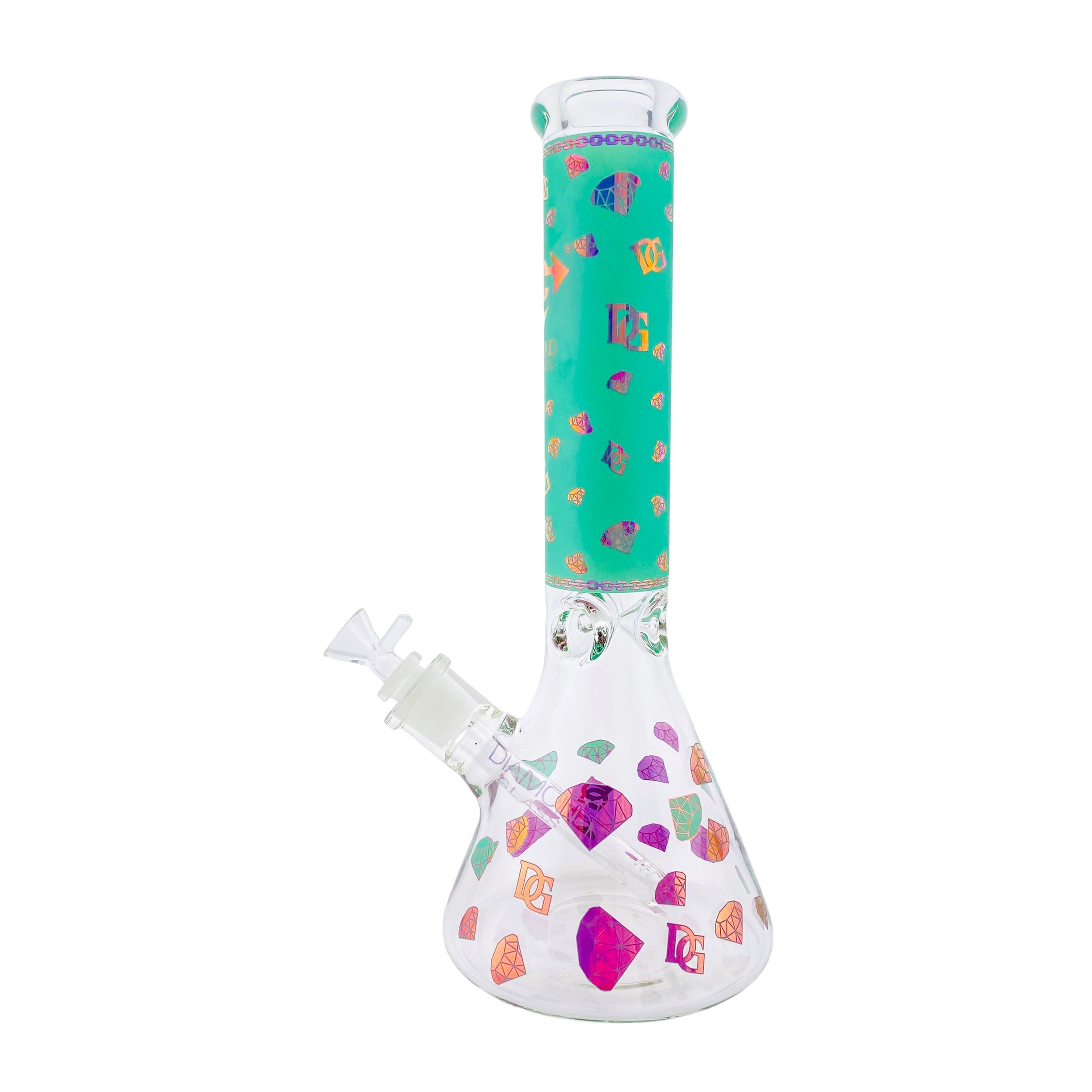Diamond Glass 9mm Beaker Bong With Green And Pink Diamond Decals
