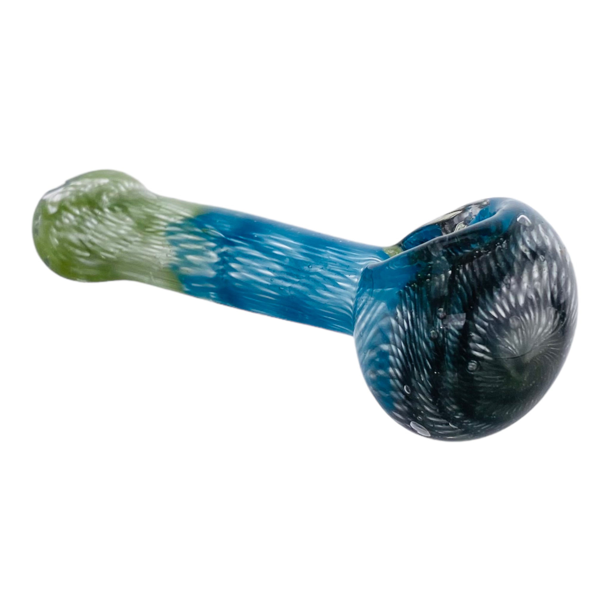 Basic Glass Spoon Pipe With Green Blue and Black Spiral Color Twist