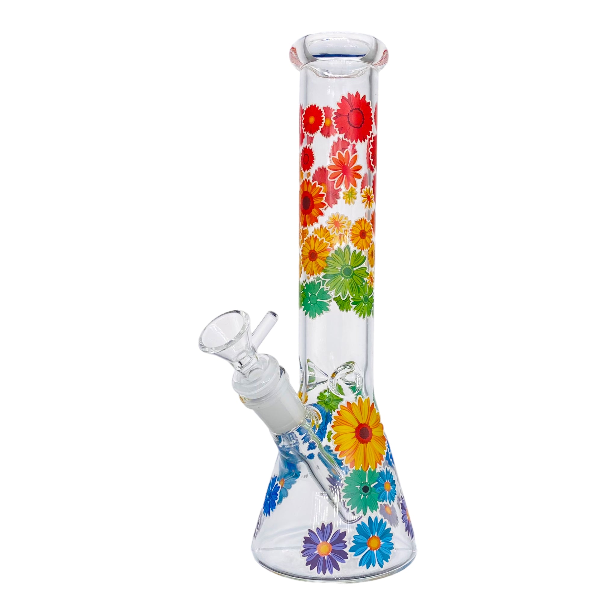 10 Inch Clear Beaker Glass Bong With Rainbow Daisy Flowers
