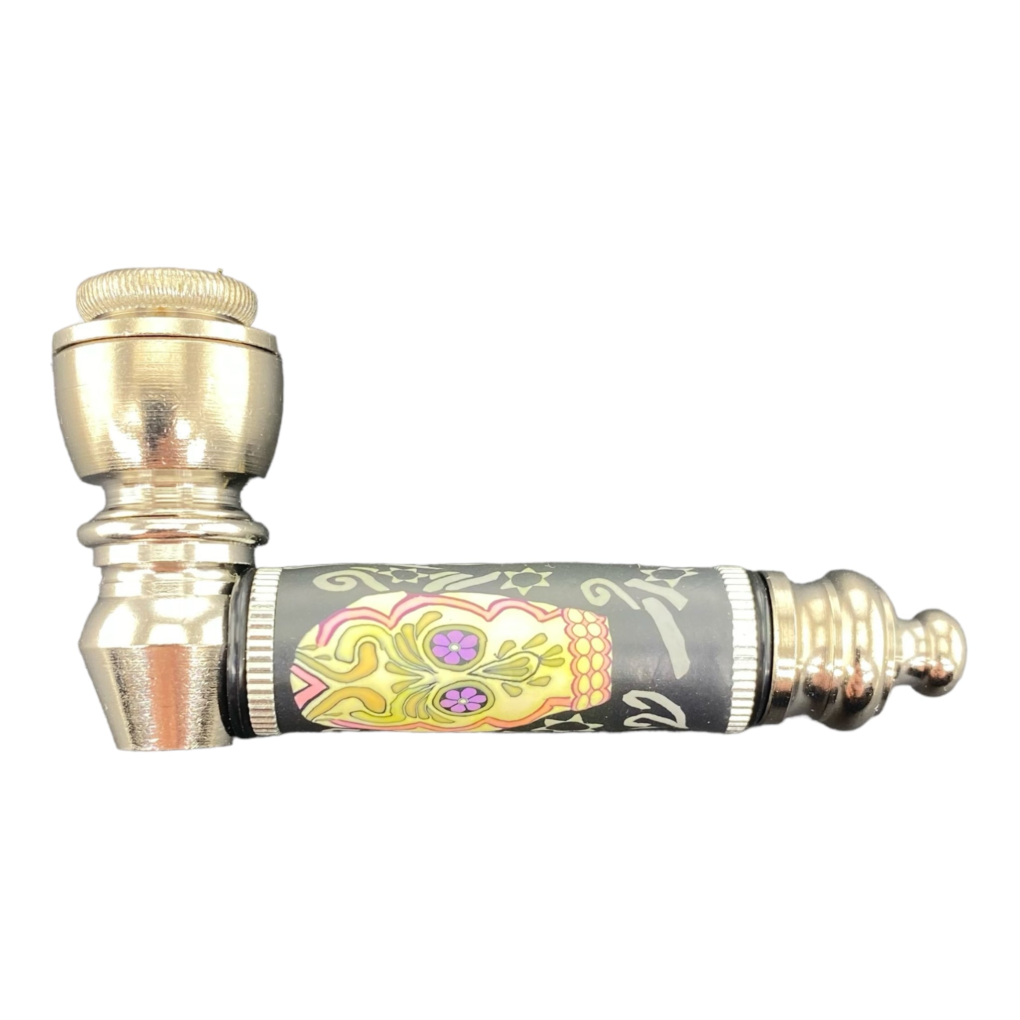Metal Hand Pipes - Silver And Black Hand Pipe With Pink Candy Skull