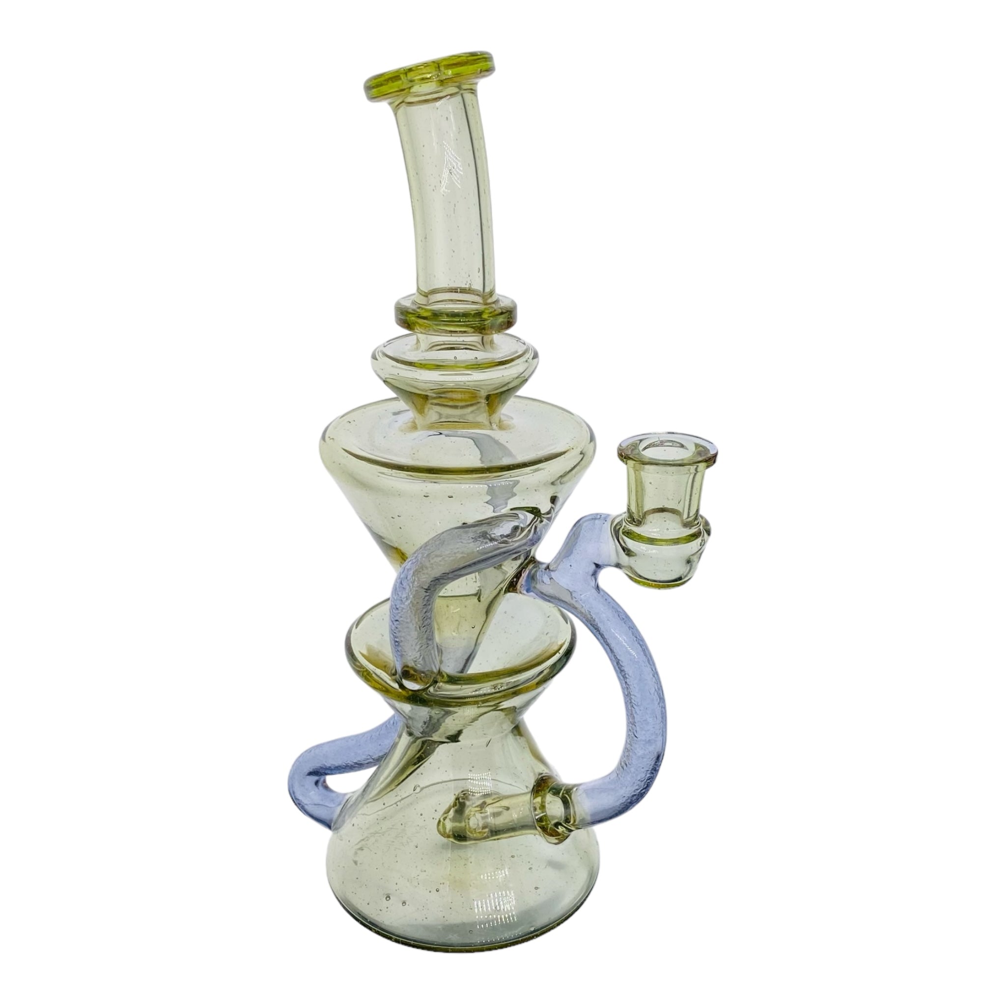 heady glass Captncronic Glass - Double Uptake Recycler Translucent Green With Purple Tubing