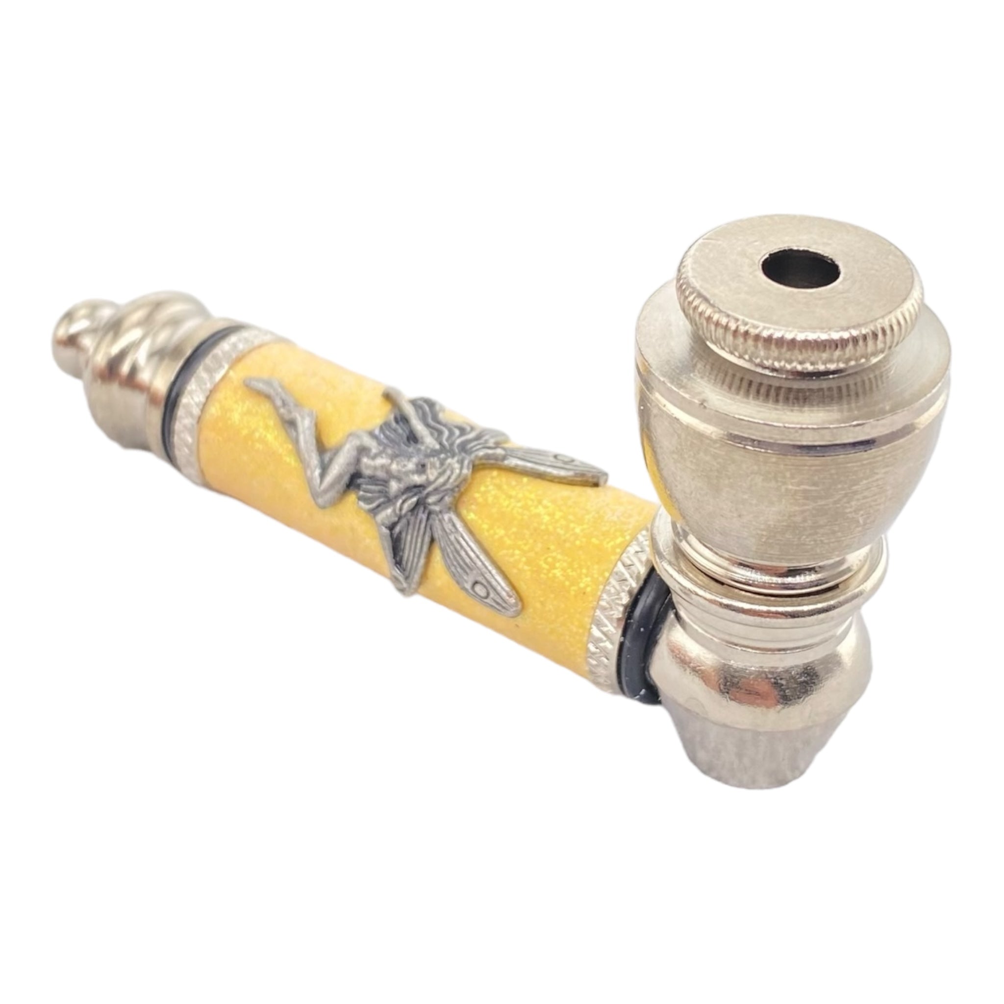 Metal Hand Pipes - Silver Chrome Hand Pipe With Sparkles And Fairy Yellow