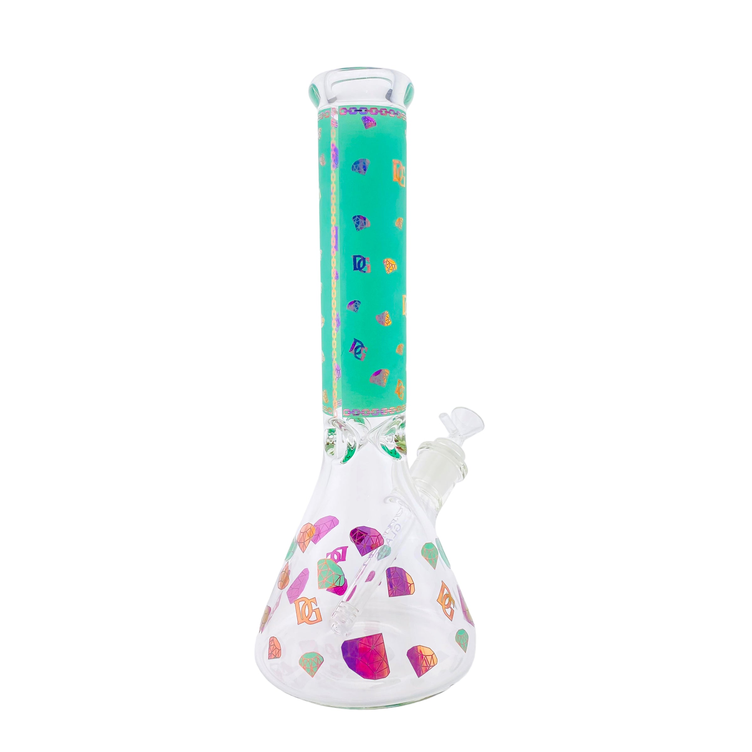 Diamond Glass 9mm Beaker Bong With Green And Pink Diamond Decals