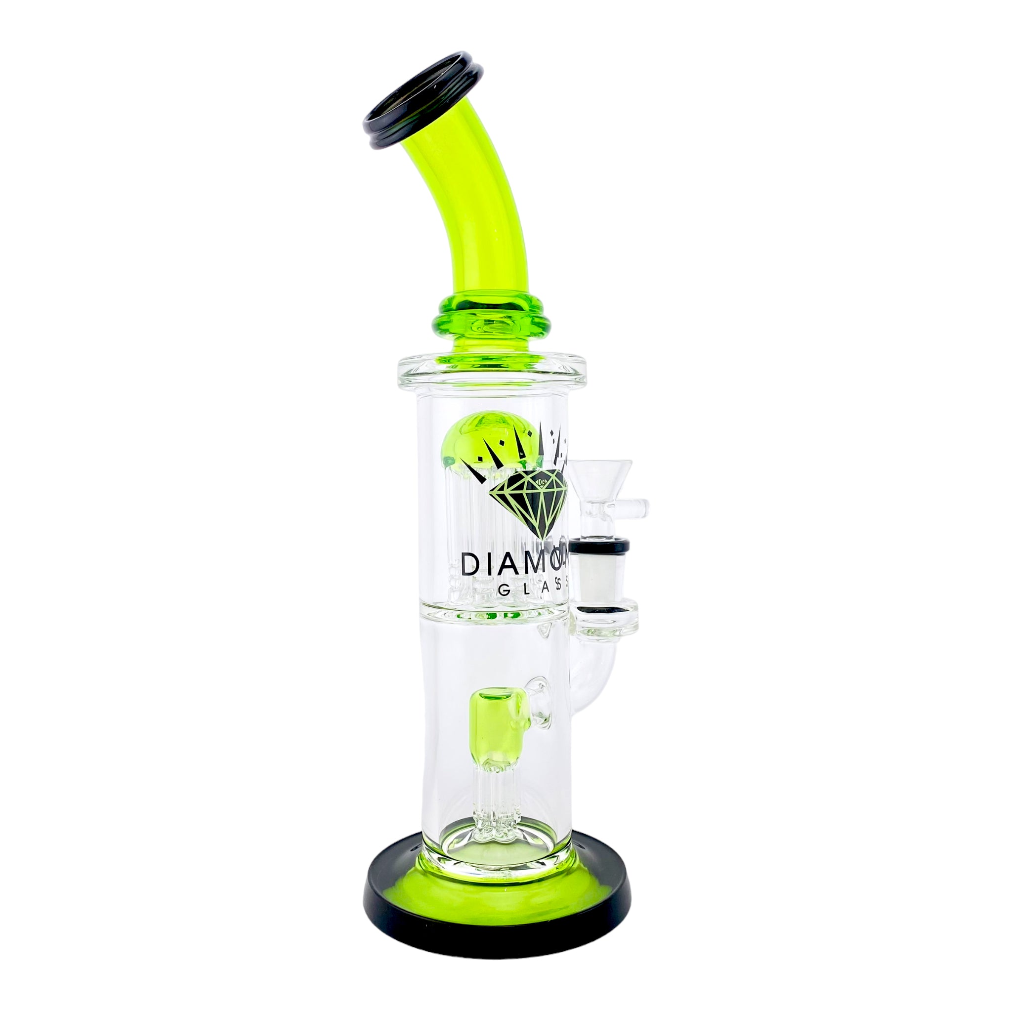 Diamond Glass Bubbler Bong With Double Tree Perc & Green & Black Accents