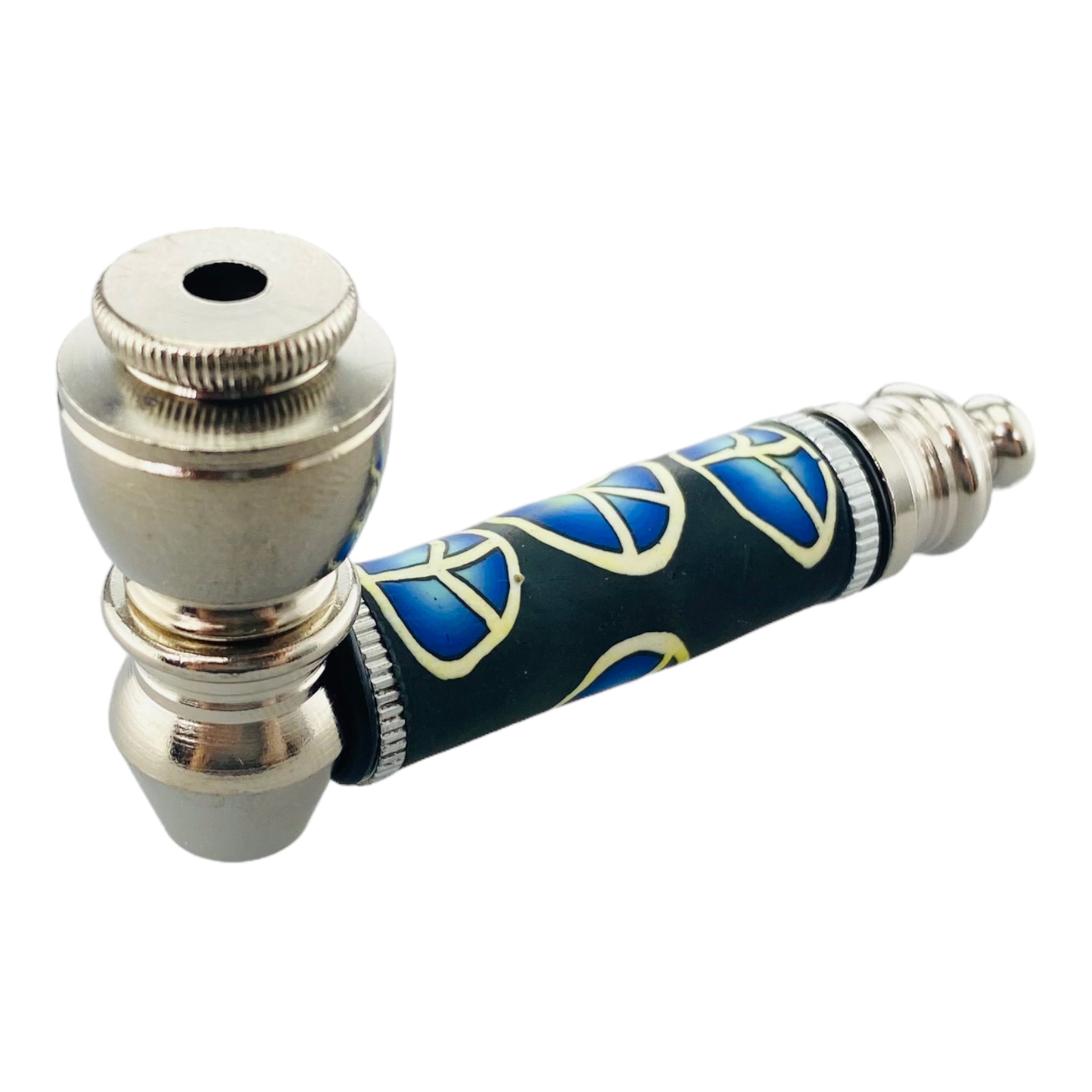 Silver Chrome smoking Hand Pipe With Blue Peace Signs