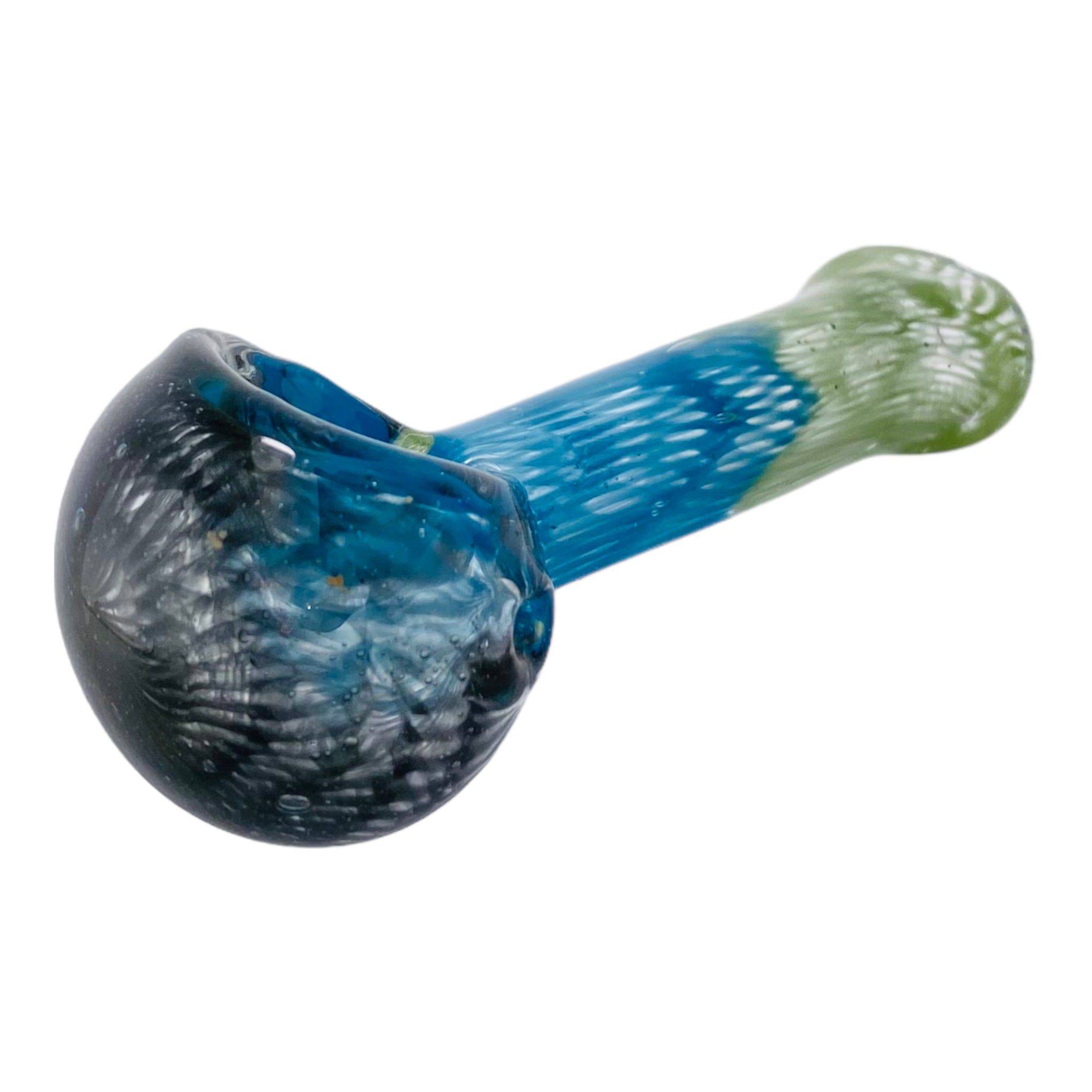 Basic Glass Spoon Pipe With Green Blue and Black Spiral Color Twist