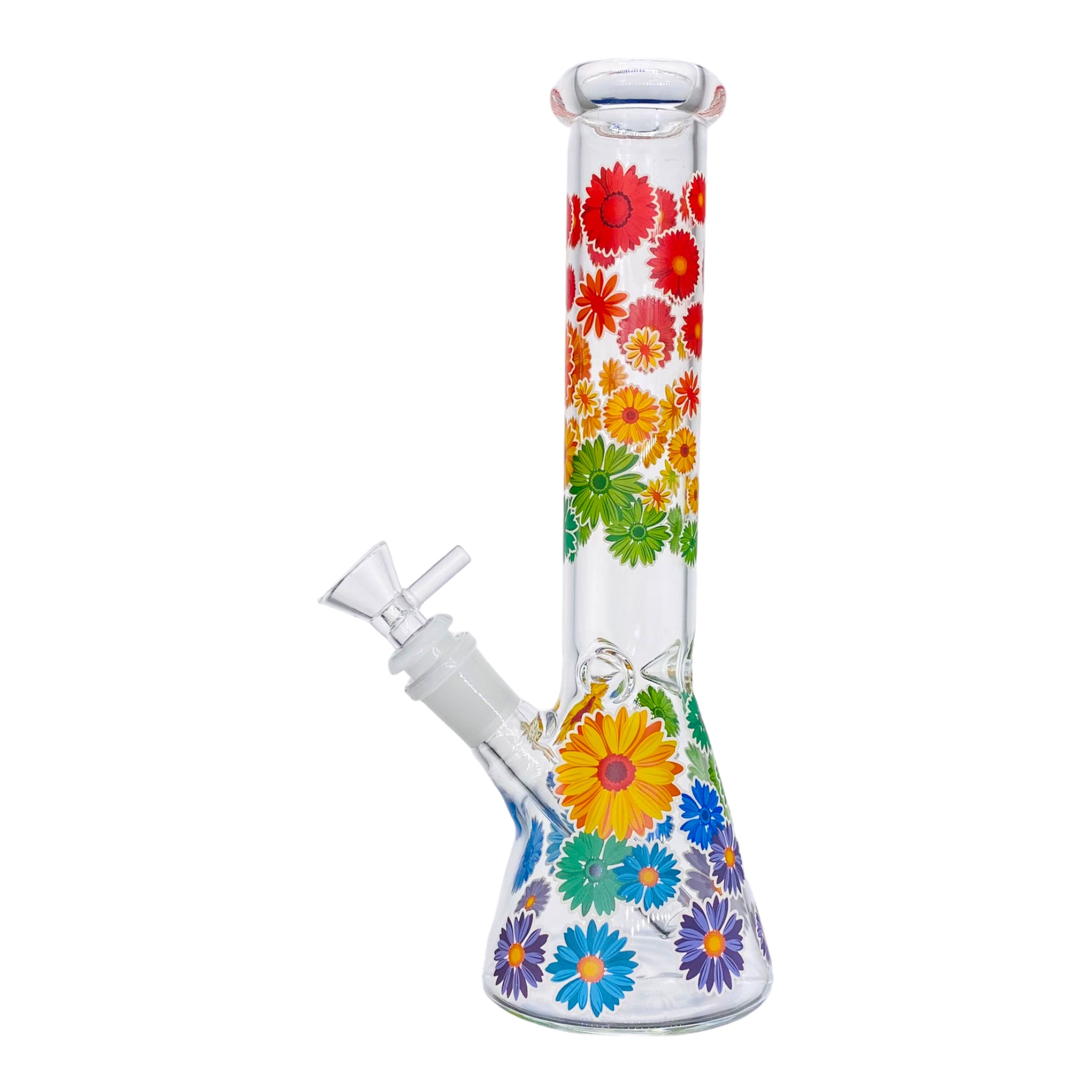 10 Inch Clear Beaker Glass Bong With Rainbow Daisy Flowers