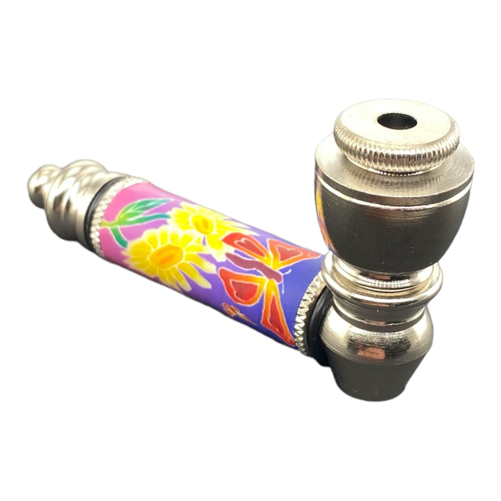 Metal Hand Pipes - Silver Chrome Hand Pipe With Flowers And Butterfly