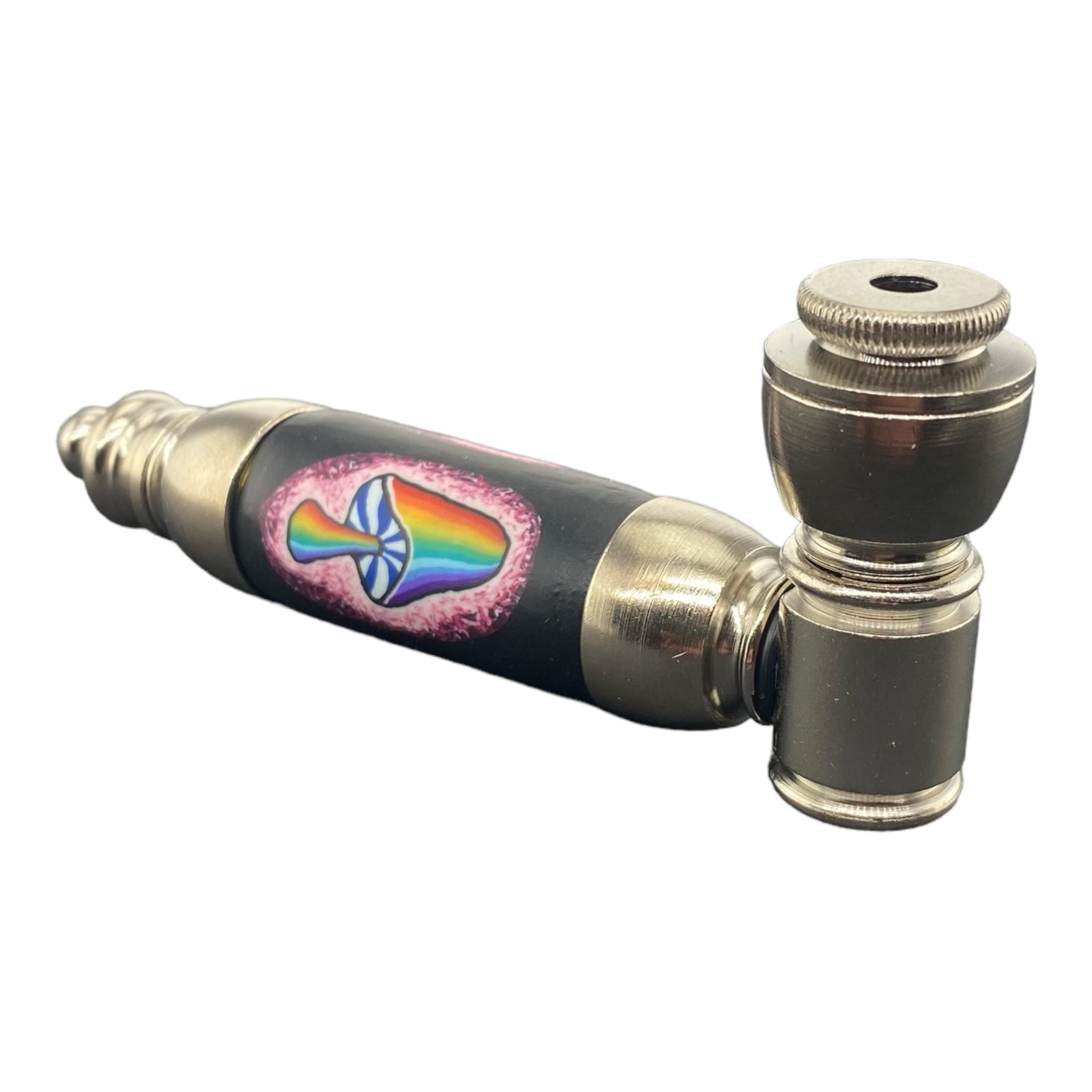 Metal Hand Pipes - Large Chamber Silver Chrome Hand Pipe With Magical Mushroom