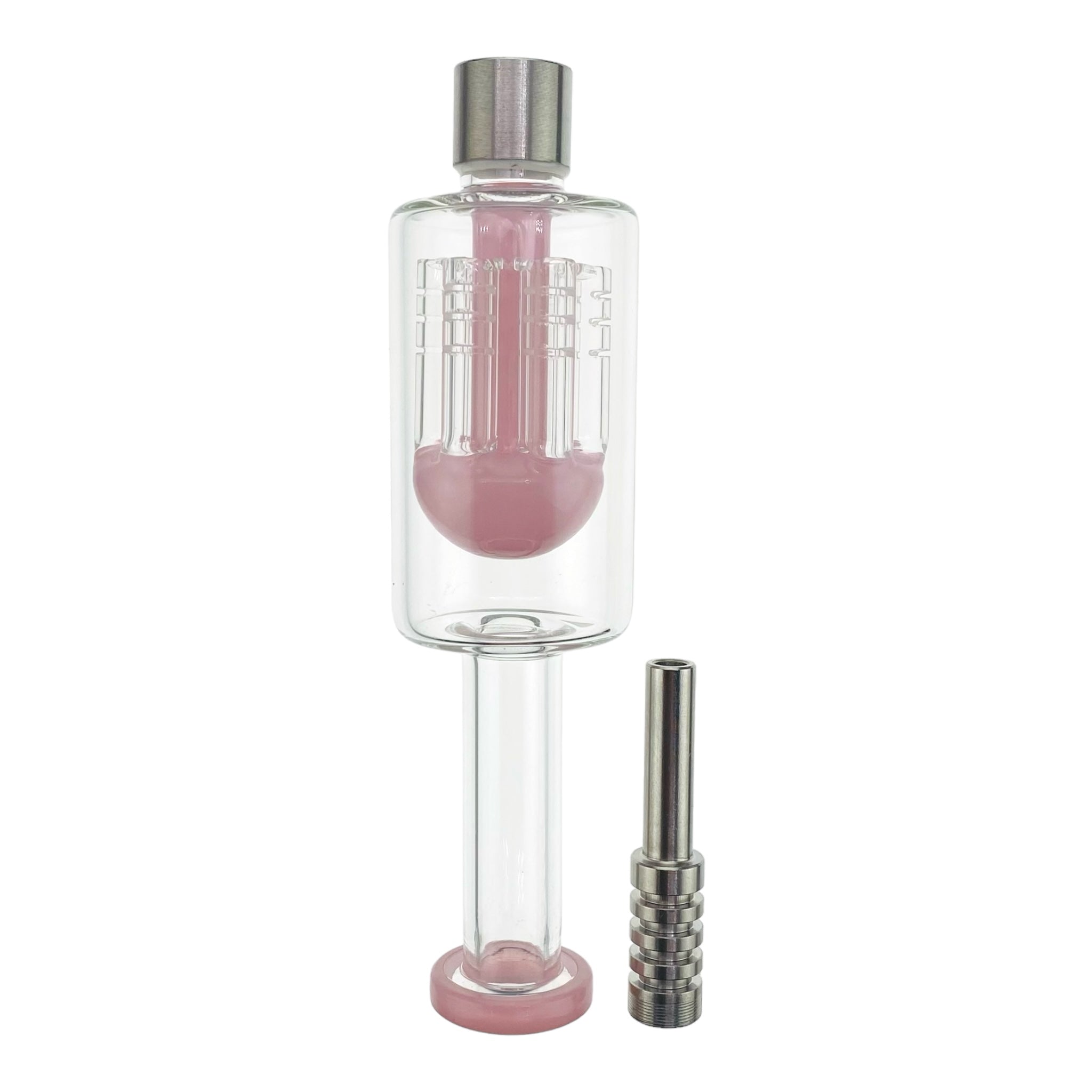 Pink Nectar Collector With Tree Perc And Threaded Metal Tip