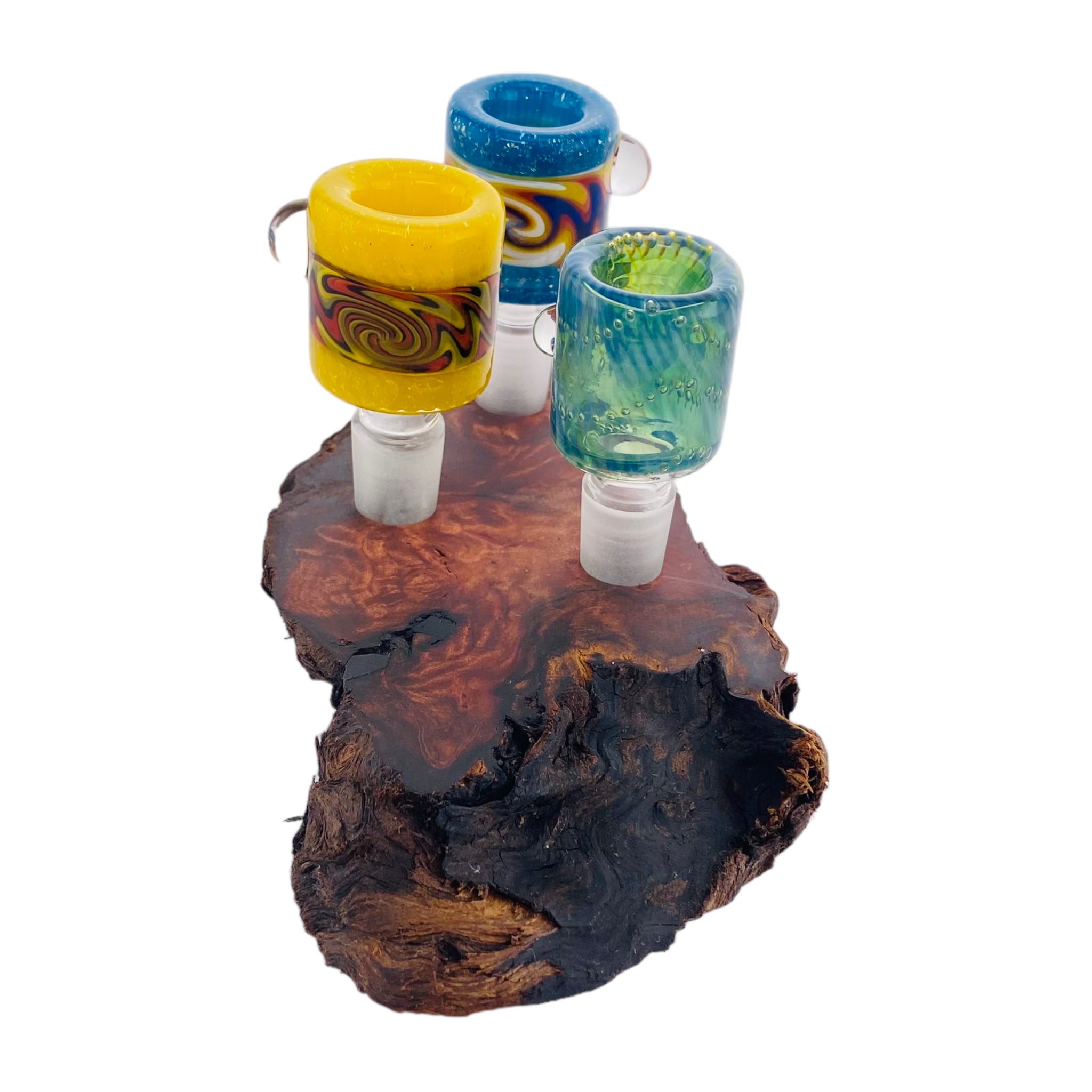 3 Hole Wood Display Stand Holder For 14mm Bong Bowl Pieces Or Quartz Bangers - Red Wood Burl With Live Edge