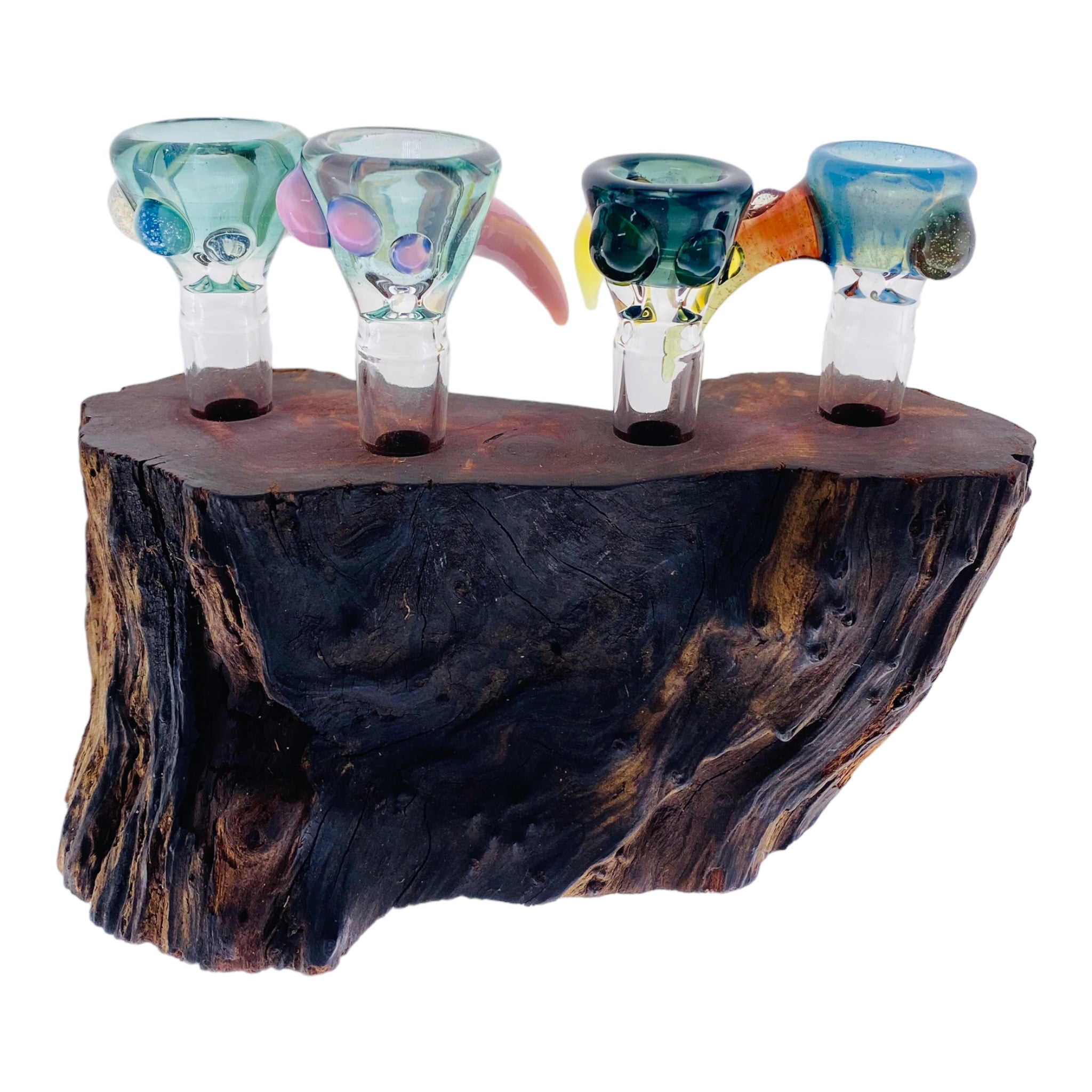 4 Hole Wood Display Stand Holder For 14mm Bong Bowl Pieces Or Quartz Bangers - Red Wood Burl With Live Edge