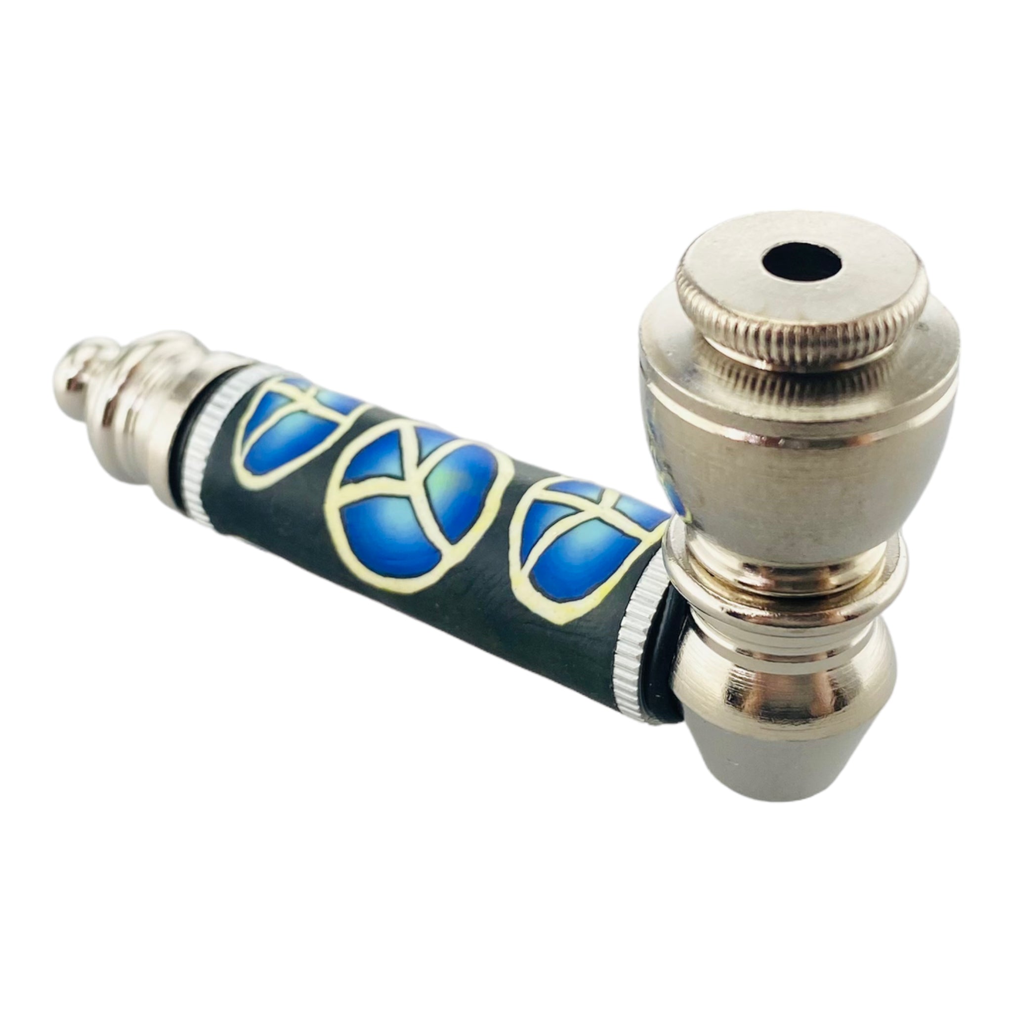 Silver Chrome smoking Hand Pipe With Blue Peace Signs