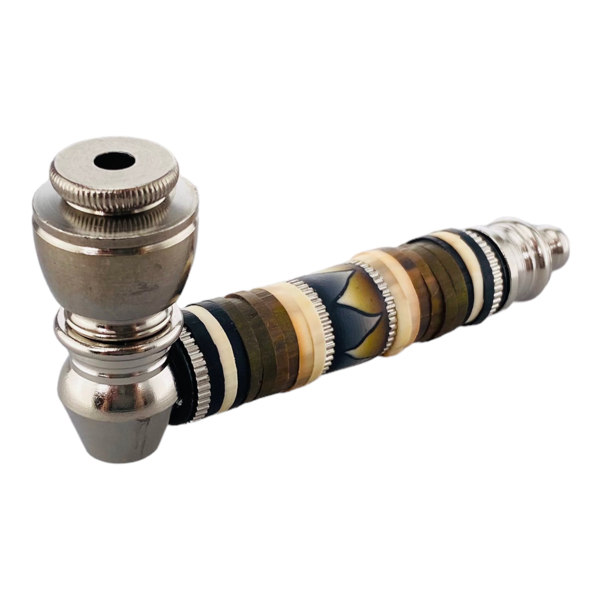 Silver Chrome Hand Pipe With Brown And Black Design