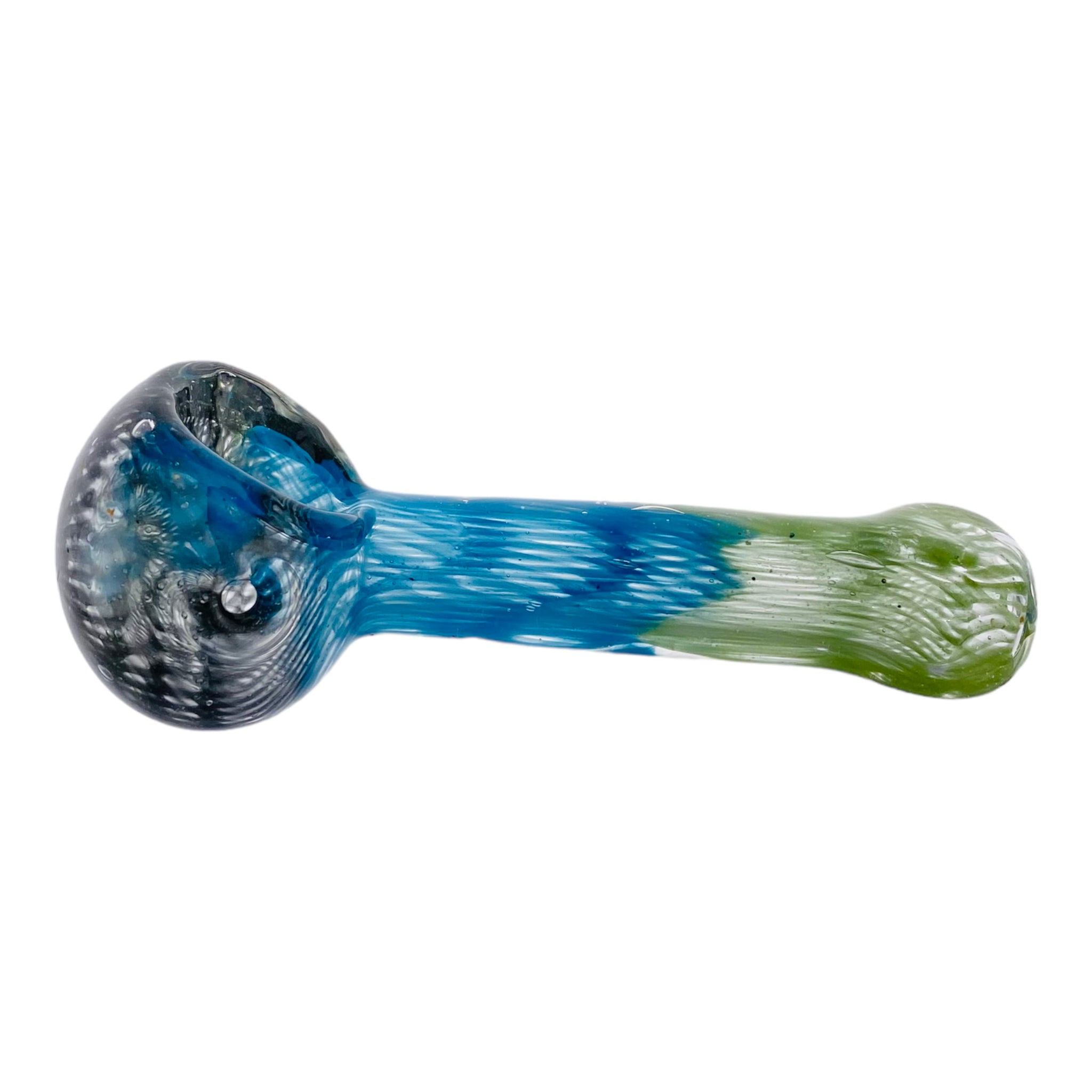 Basic Glass Spoon Pipe With Green Blue and Black Spiral Color Twist