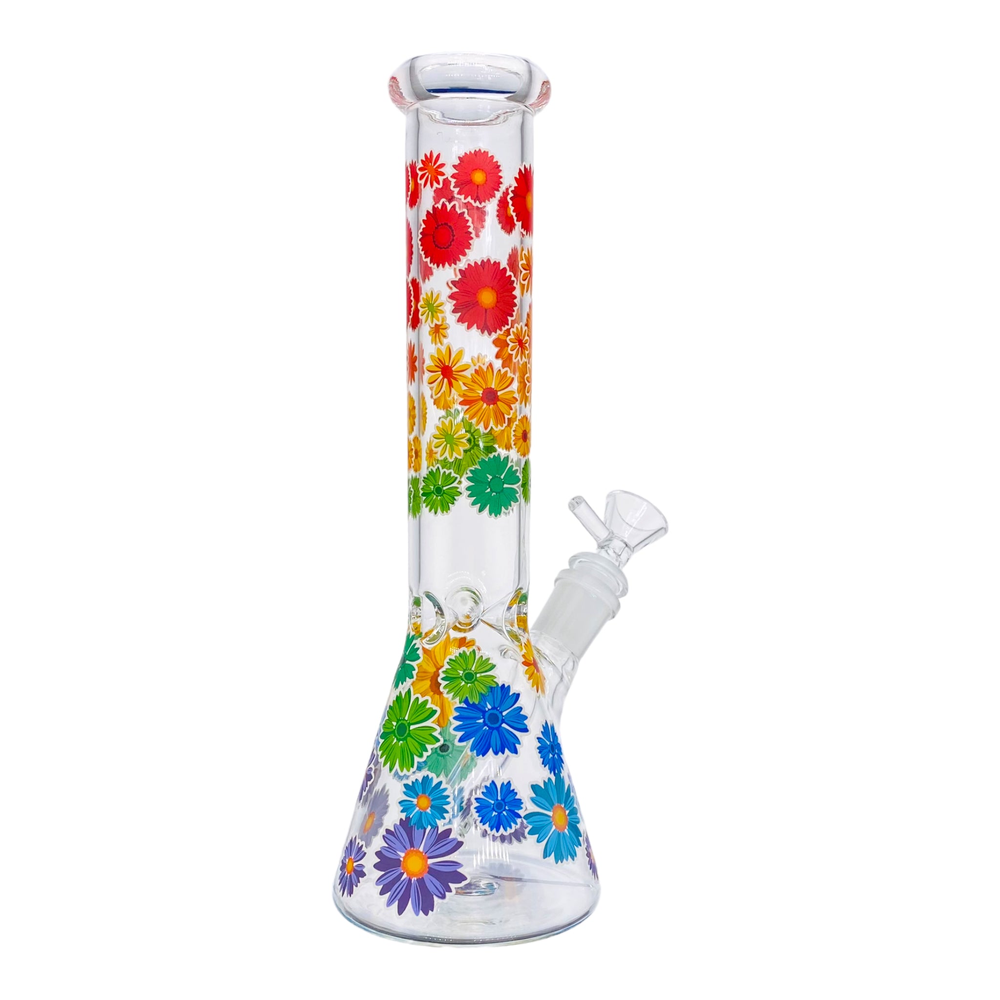 10 Inch Clear Beaker Glass Bong With Rainbow Daisy Flowers