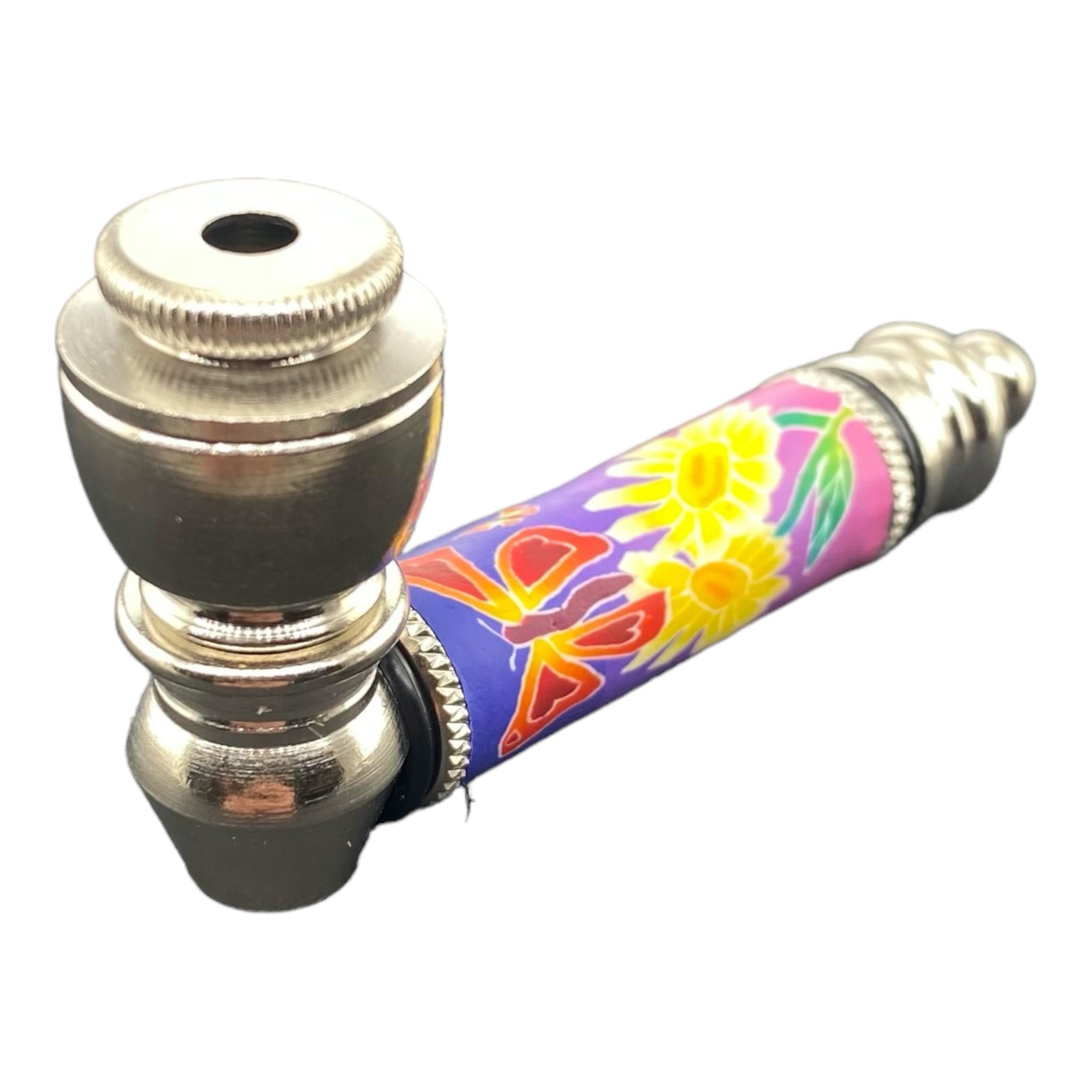 Metal Hand Pipes - Silver Chrome Hand Pipe With Flowers And Butterfly