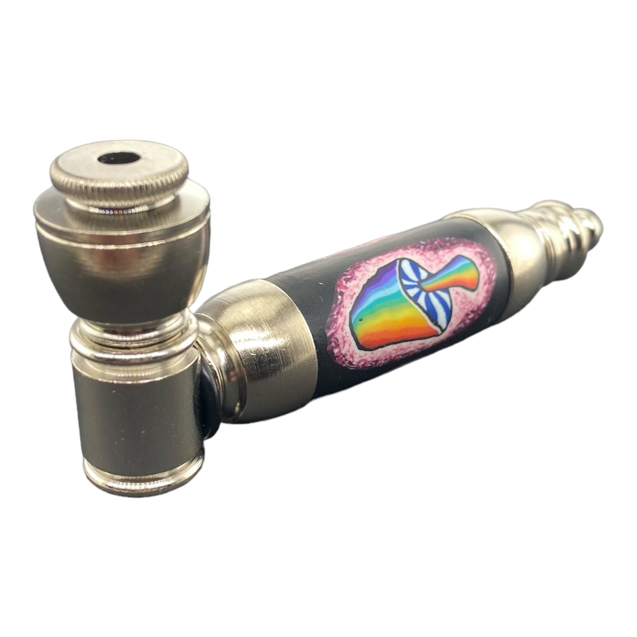 Metal Hand Pipes - Large Chamber Silver Chrome Hand Pipe With Magical Mushroom