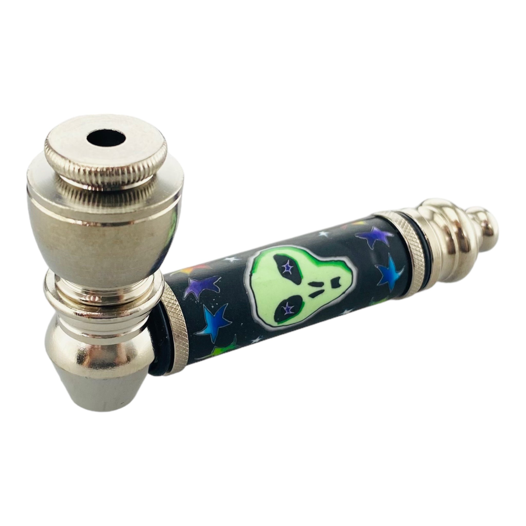 Silver Chrome Hand Pipe With Green Glow In The Dark Alien Head
