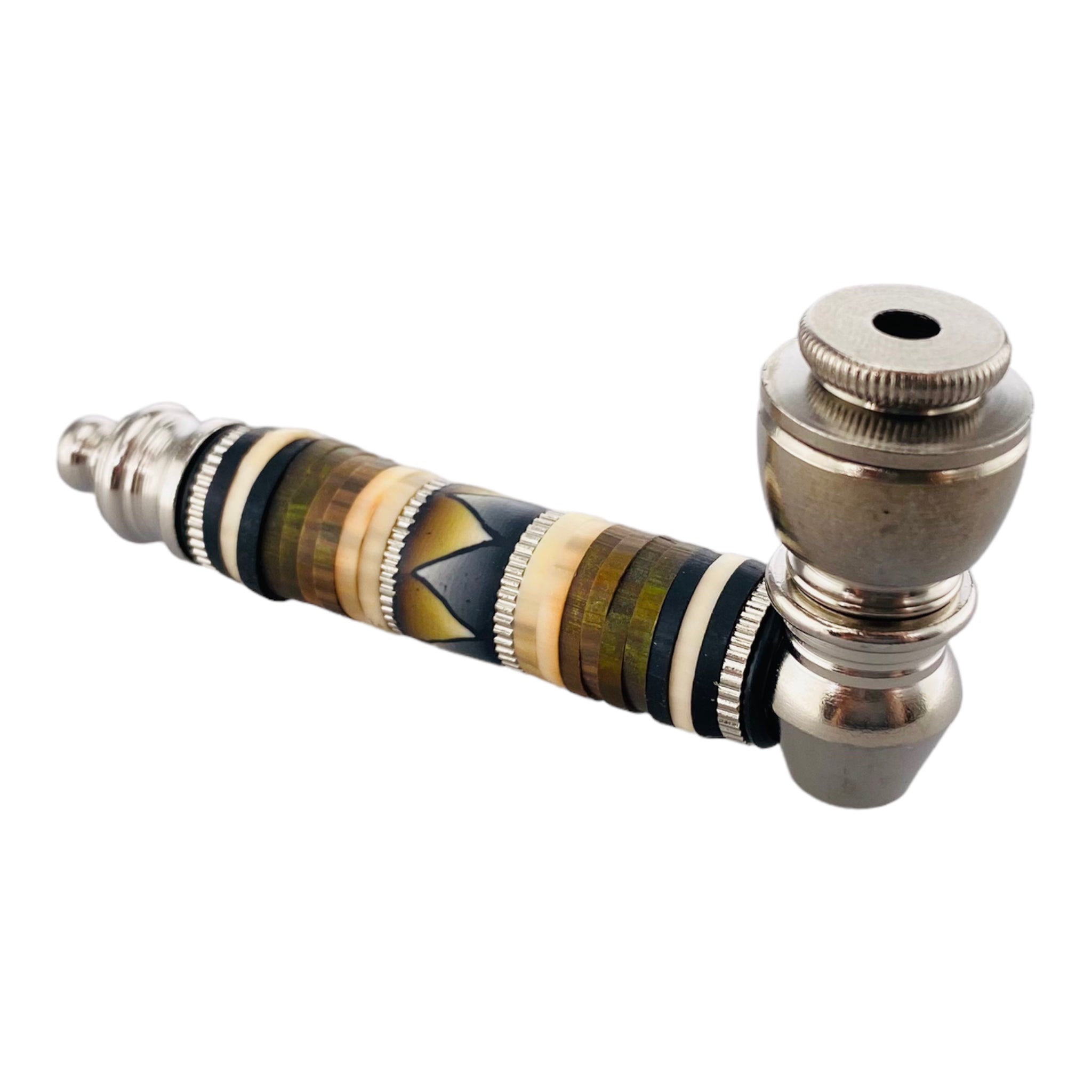 Silver Chrome Hand Pipe With Brown And Black Design