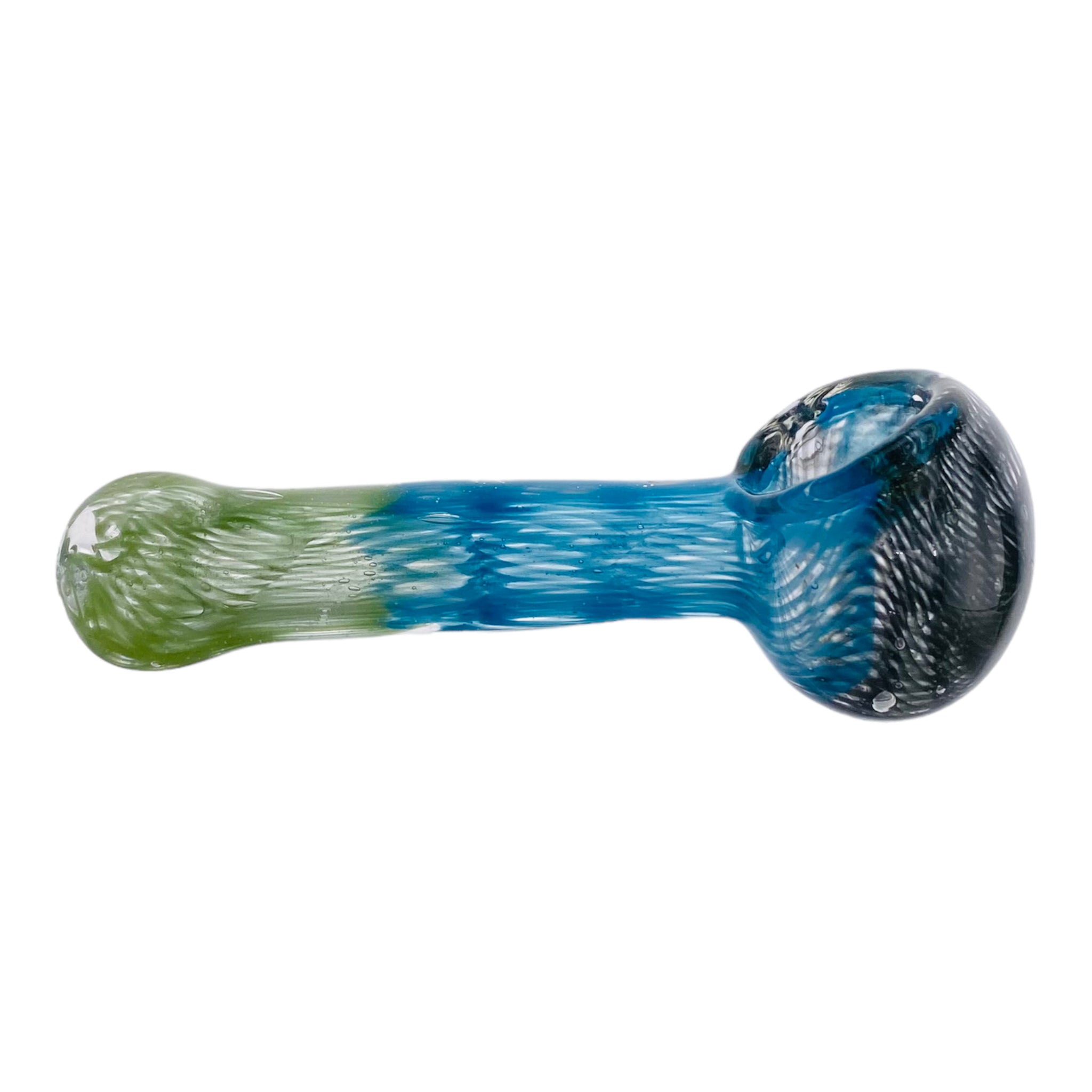 Basic Glass Spoon Pipe With Green Blue and Black Spiral Color Twist