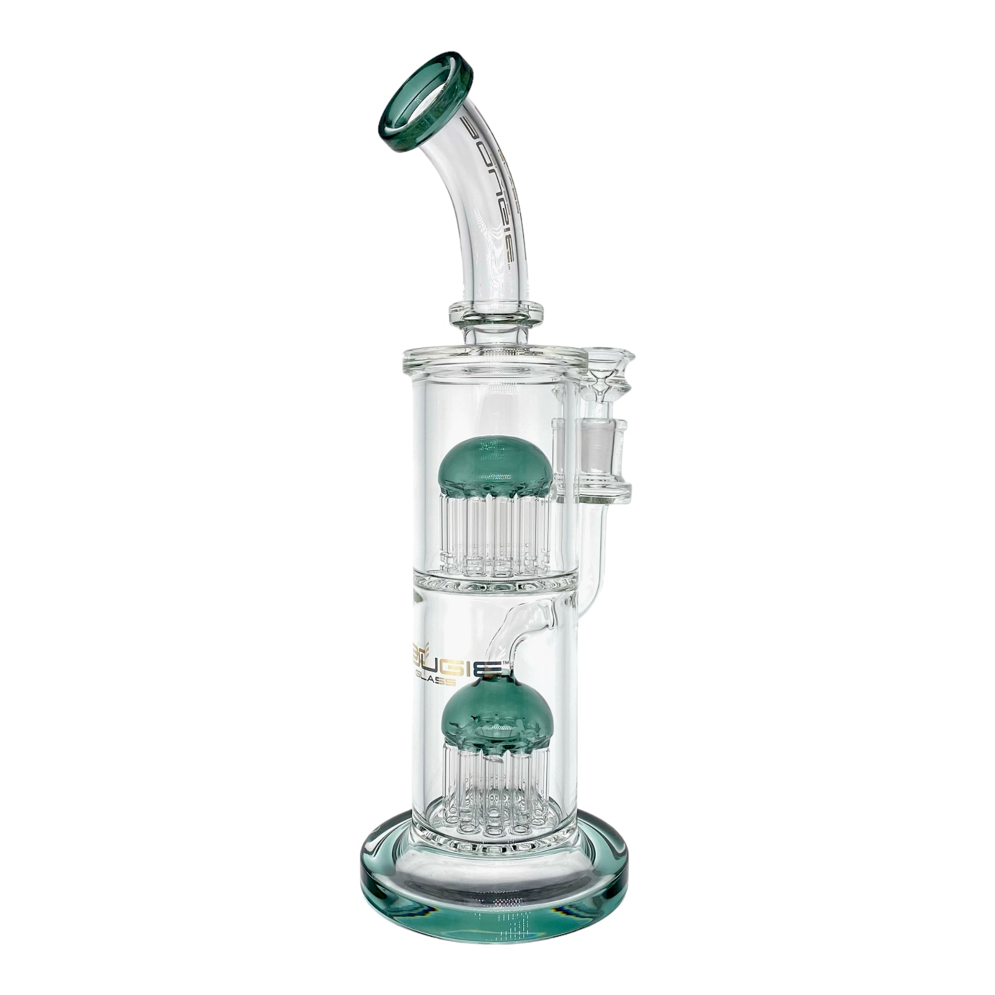 Bougie Glass Large Dab Rig With Dark Green Double Tree Perc 12 Inches Tall