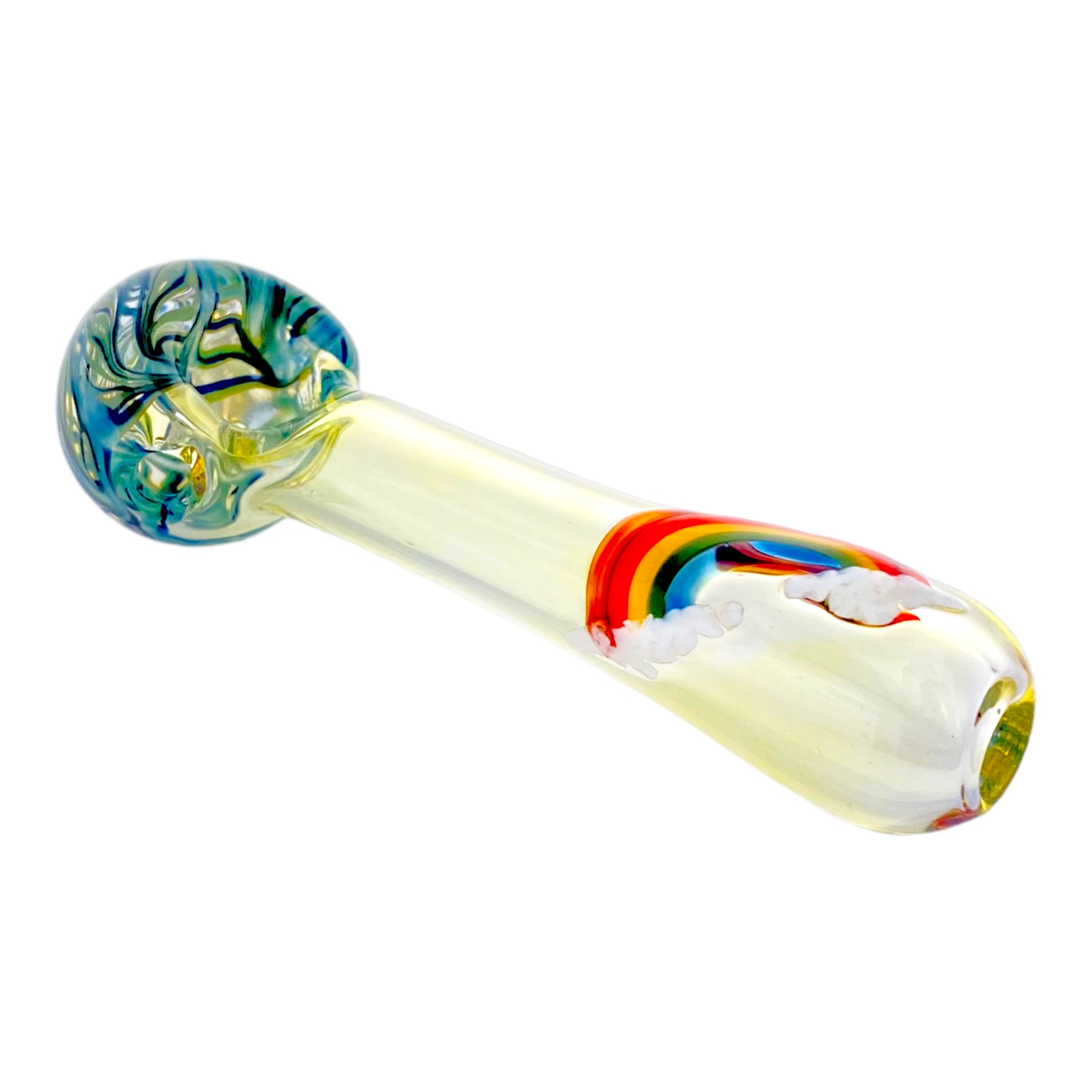 Fumed Glass Hand Pipe With Rainbow And Blue Wig Wag Bowl