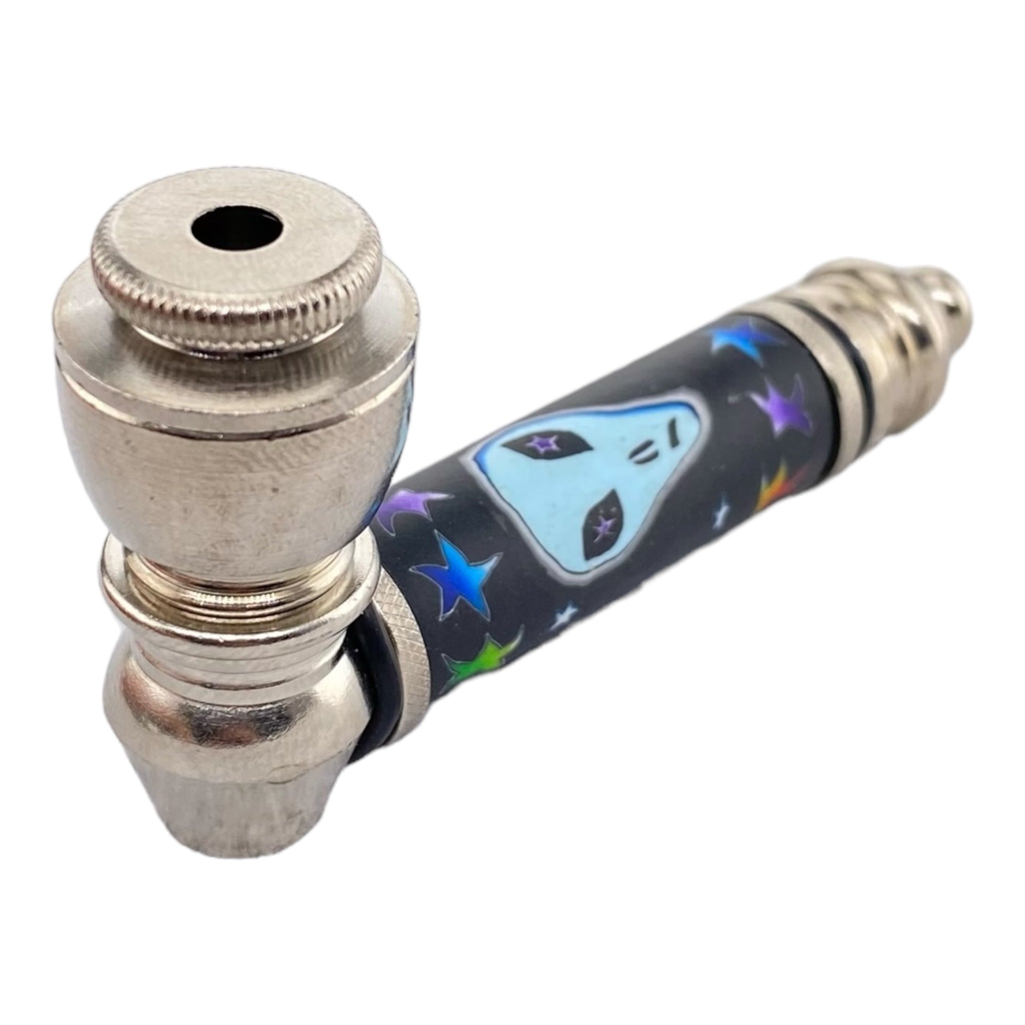 Metal Hand Pipes - Silver Chrome Hand Pipe With Blue Glow In The Dark Alien Head