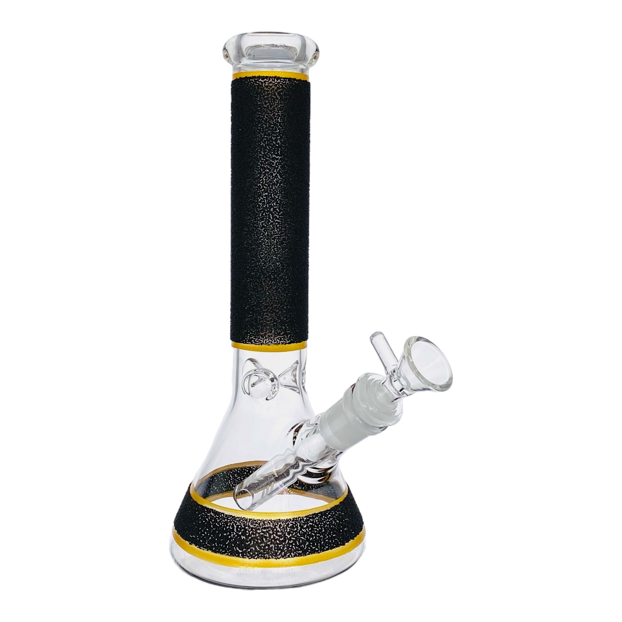 small travel bong 10 Inch Beaker Glass Bong With Black Slag Frit And Gold Bands for sale