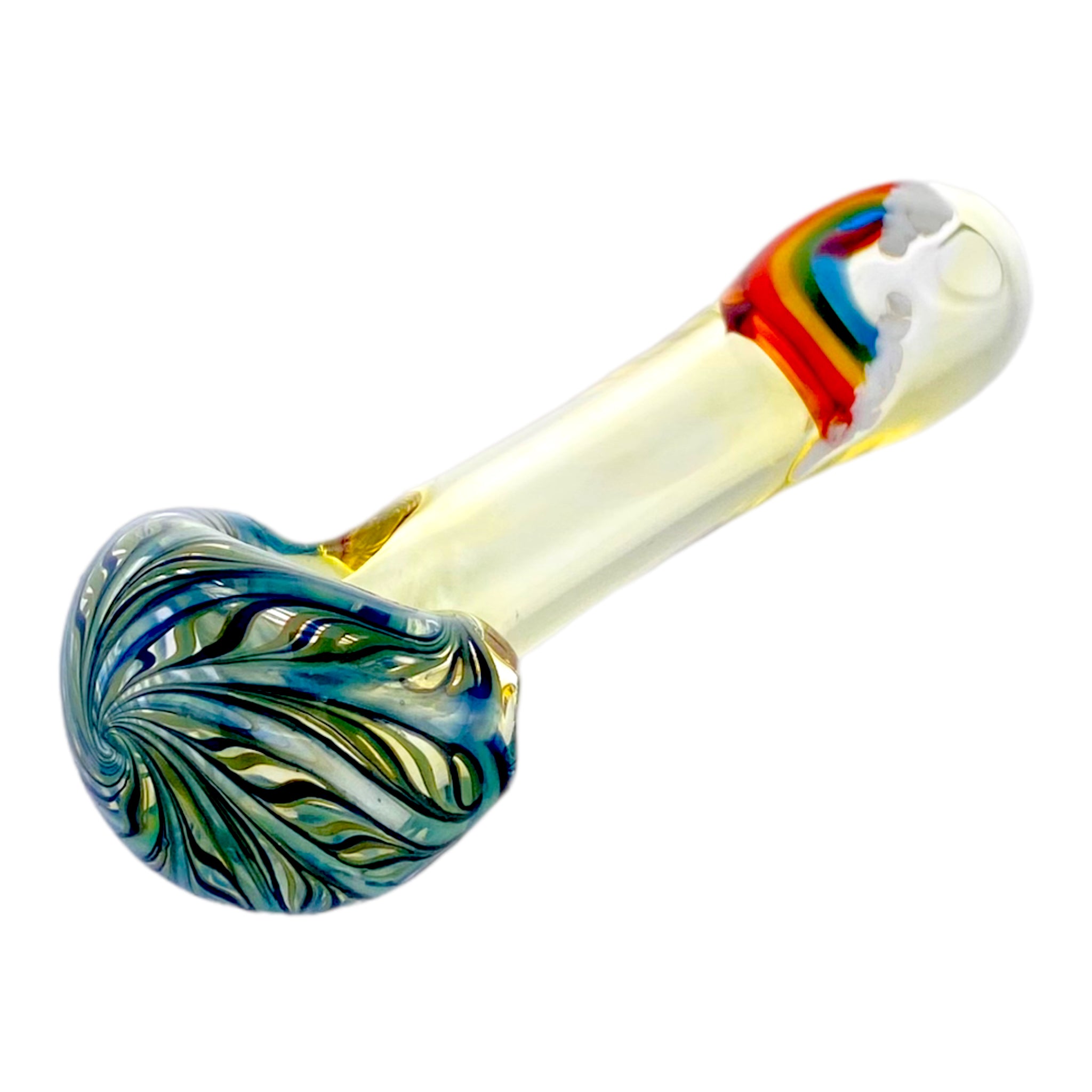 Fumed Glass Hand Pipe With Rainbow And Blue Wig Wag Bowl