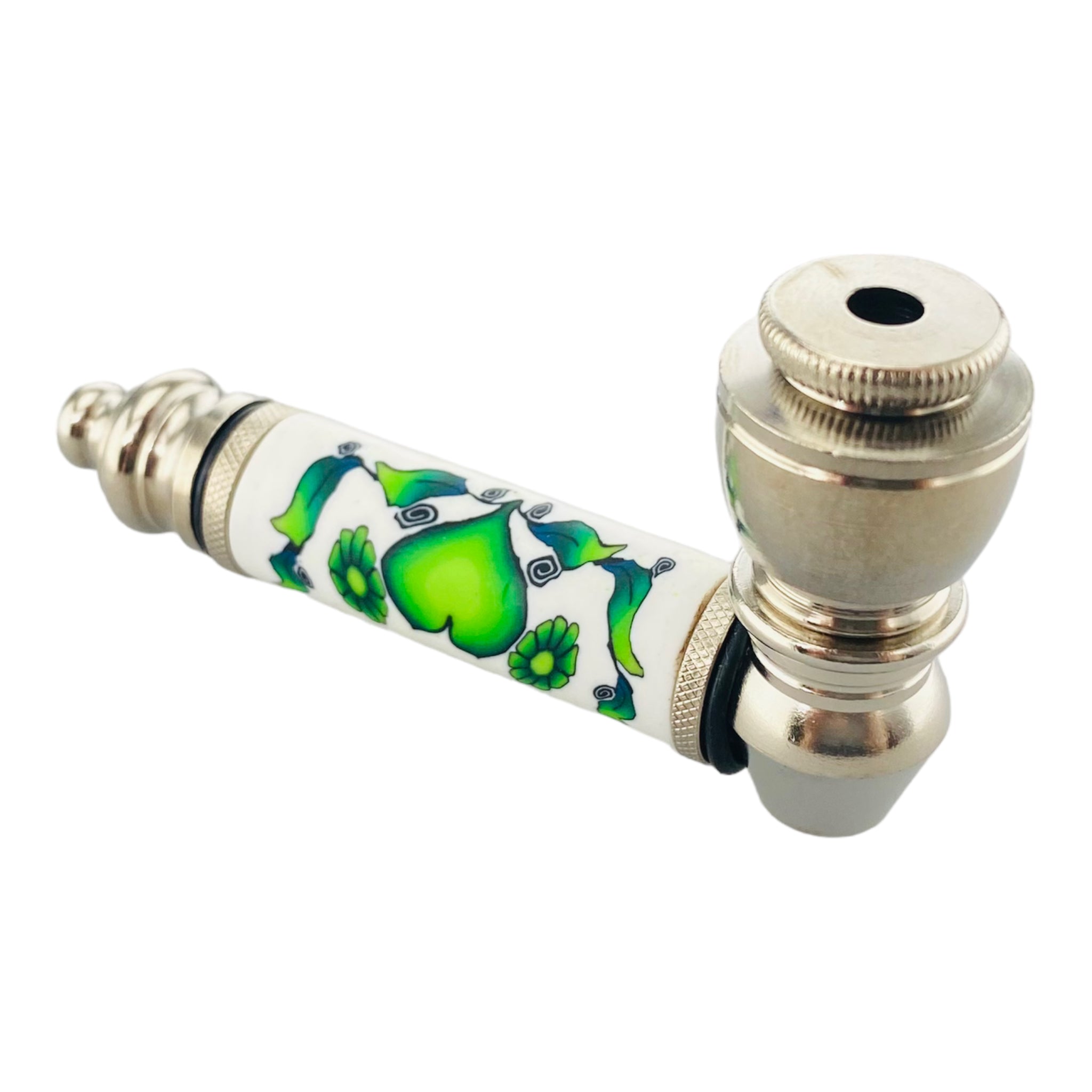 Silver Chrome Hand Pipe With Green Heart And Flowers
