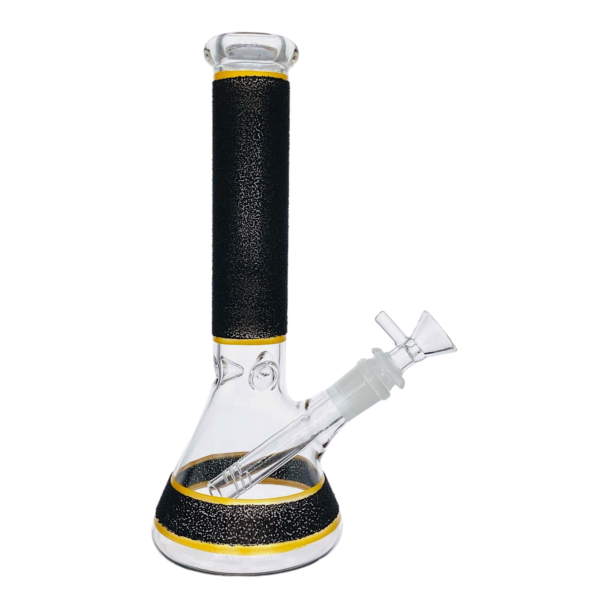 10 Inch Beaker Glass Bong With Black Slag Frit And Gold Bands