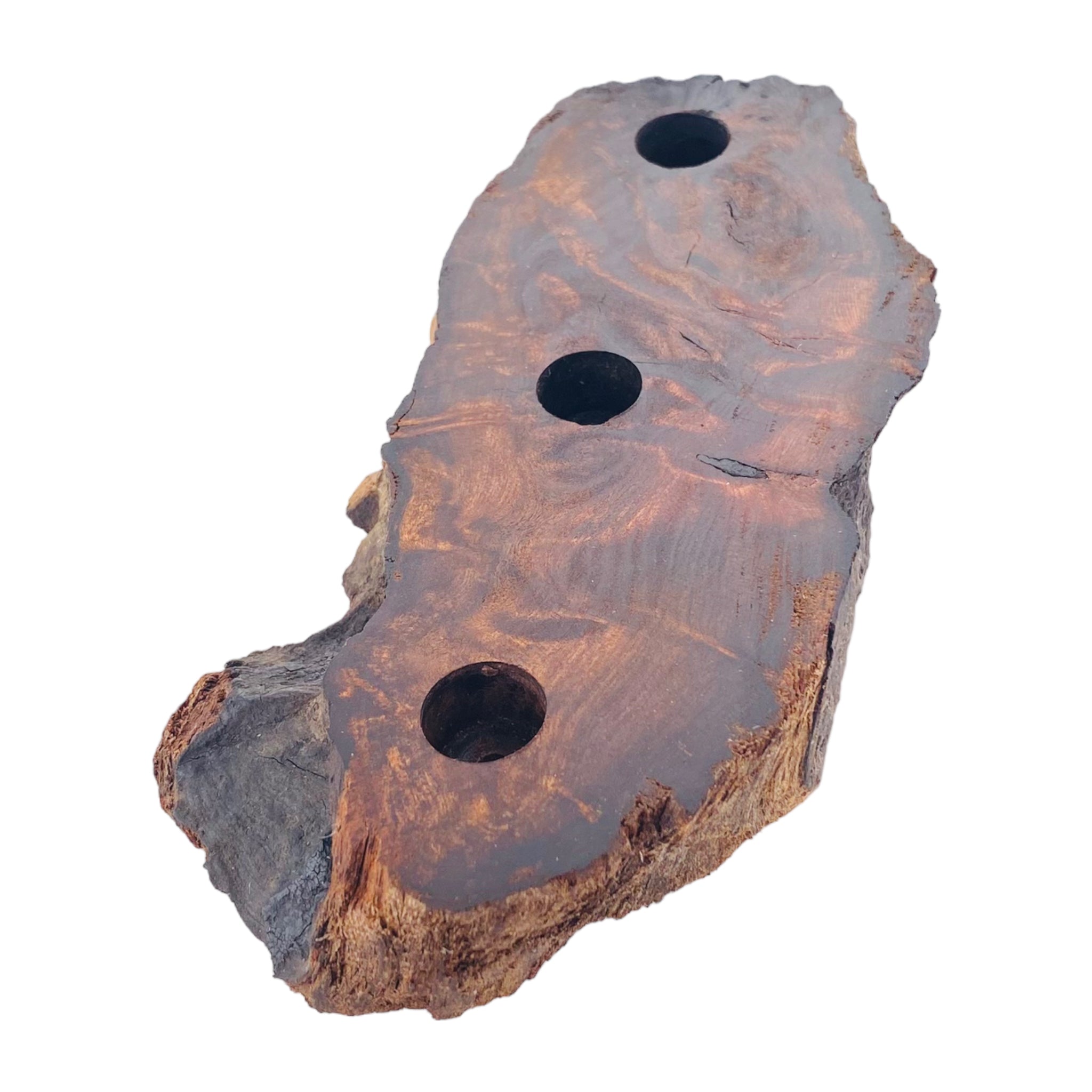 3 Hole Wood Display Stand Holder For 14mm Bong Bowl Pieces Or Quartz Bangers - Red Wood Burl With Live Edge #2