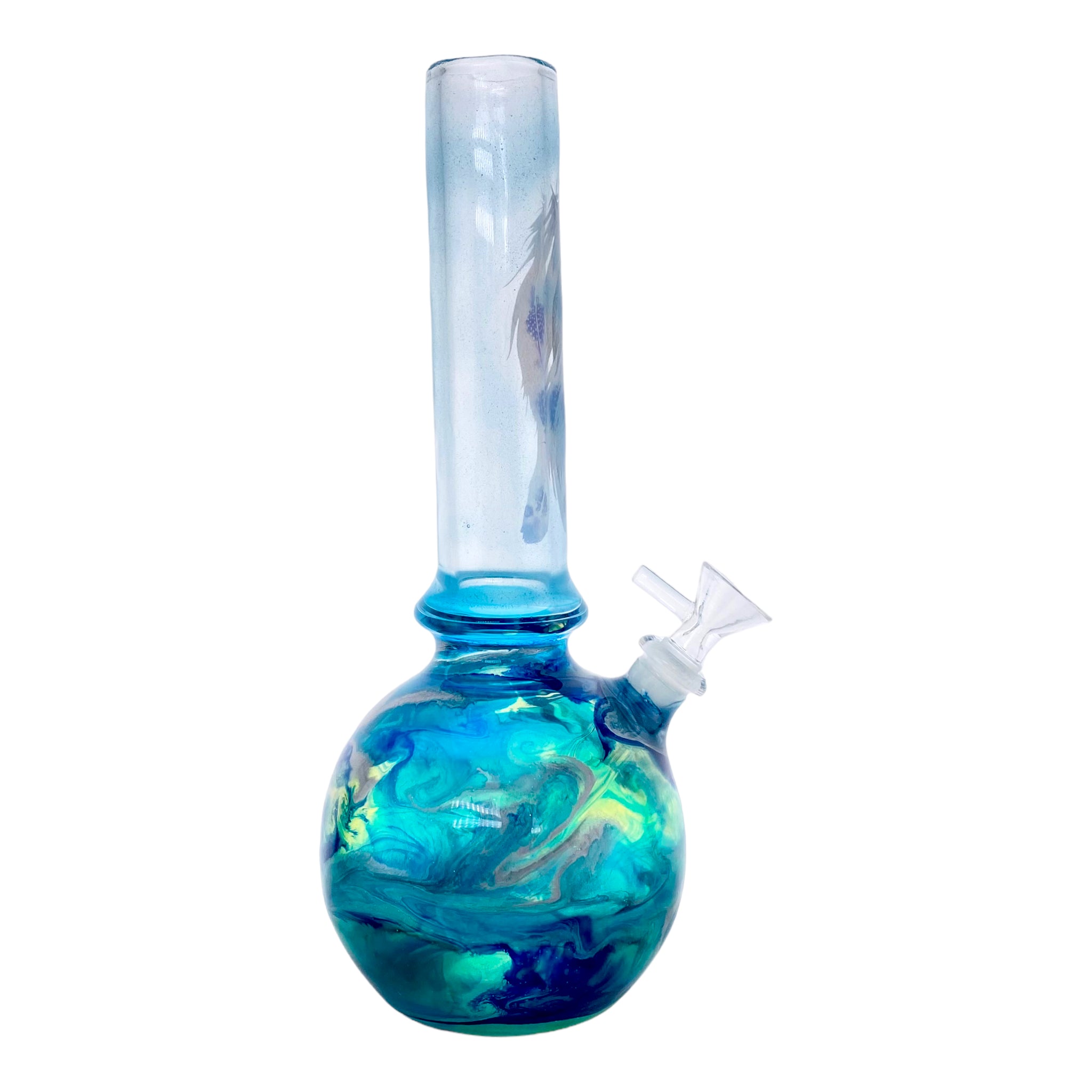 Oregon Blown Glass - Blue And Green With Leaf Decal Bubble Base Bong