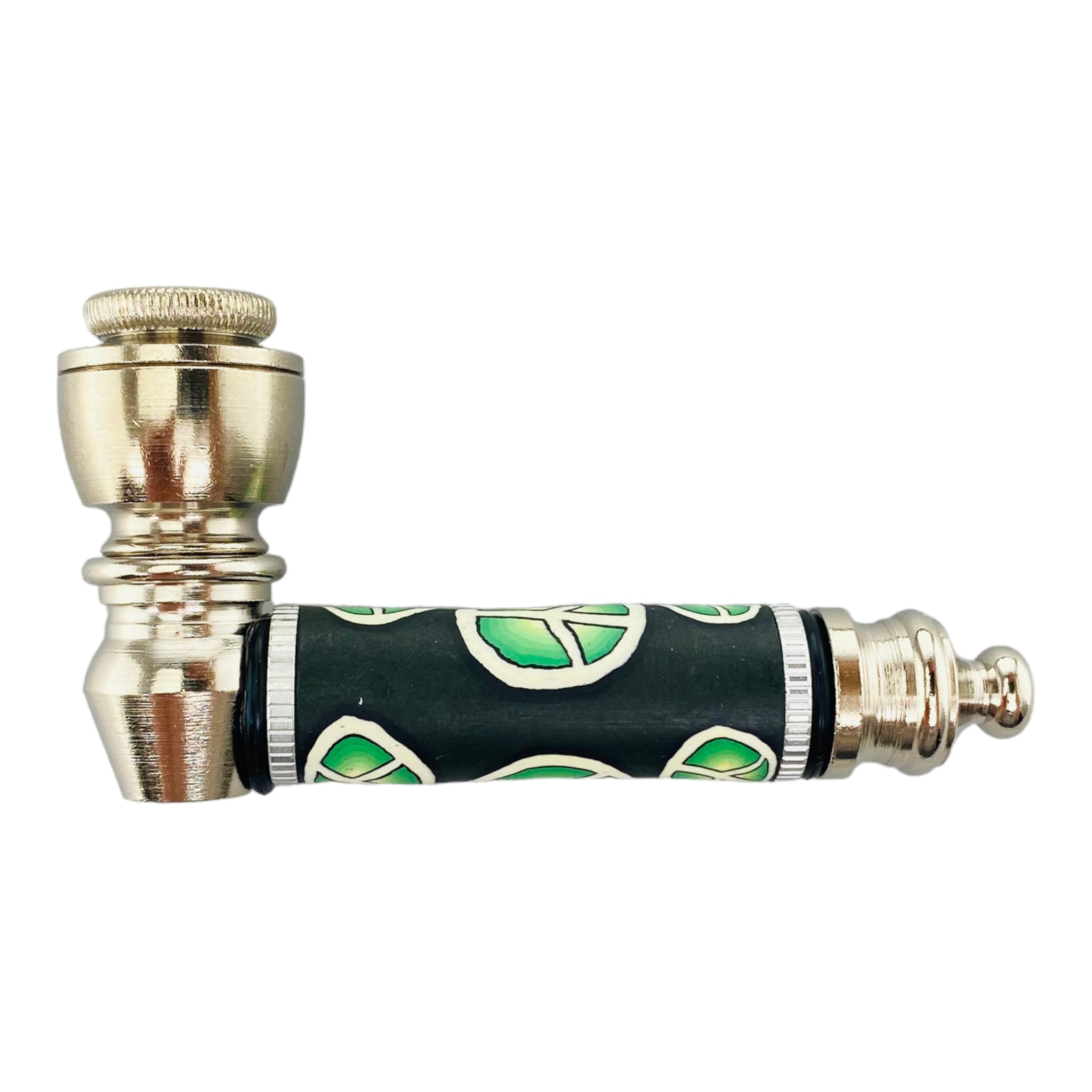 Silver Chrome smoking Hand Pipe With Green Peace Signs