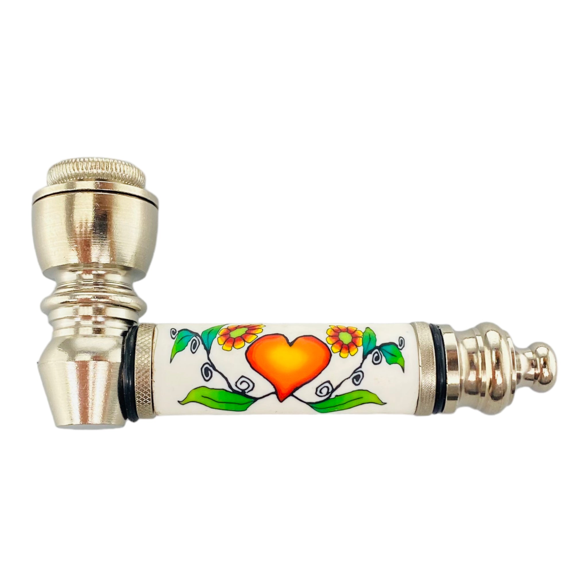 Silver Chrome Hand Pipe With Orange Heart And Flowers