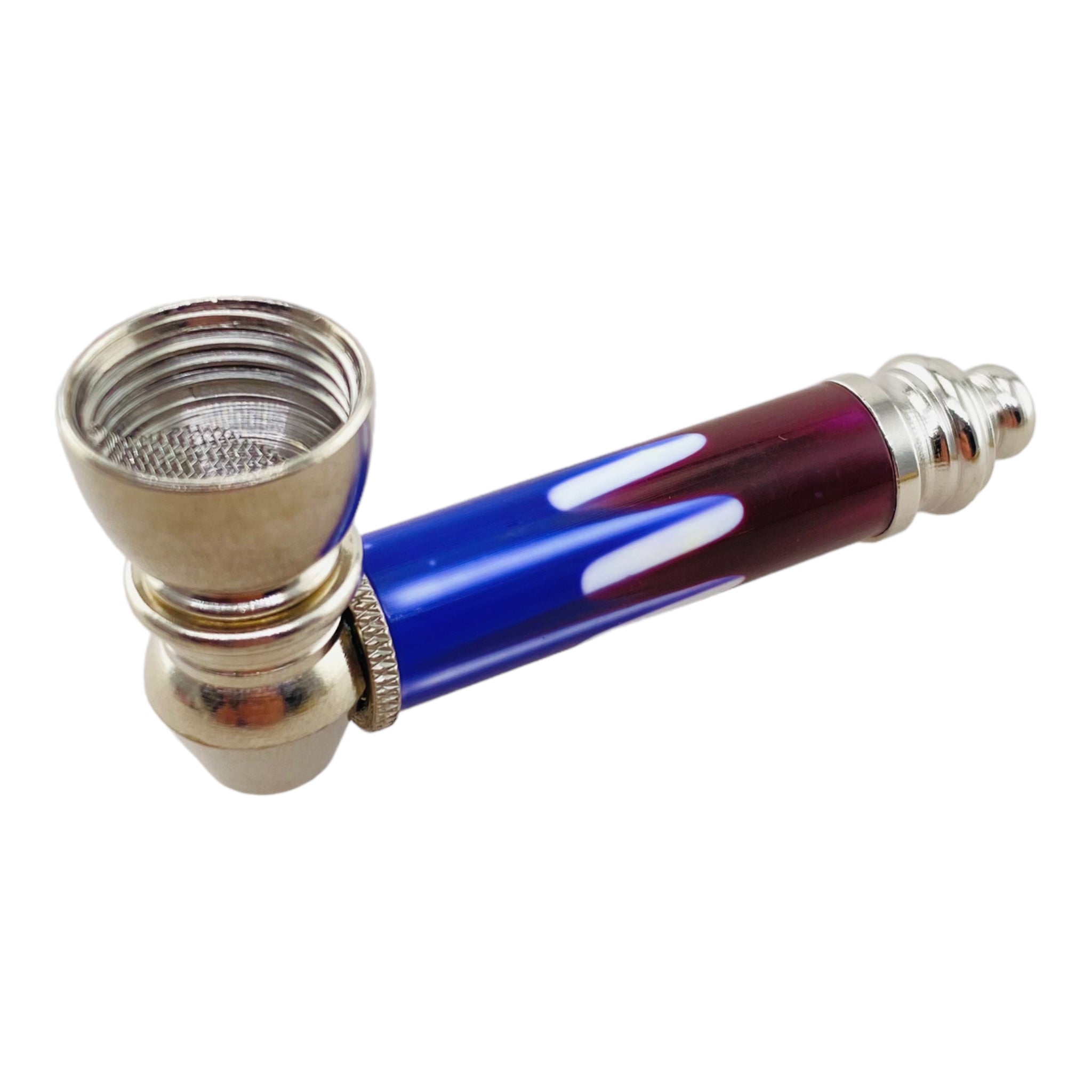 Metal Hand Pipes - Silver Chrome Hand Pipe With Blue And Purple Plastic Stem
