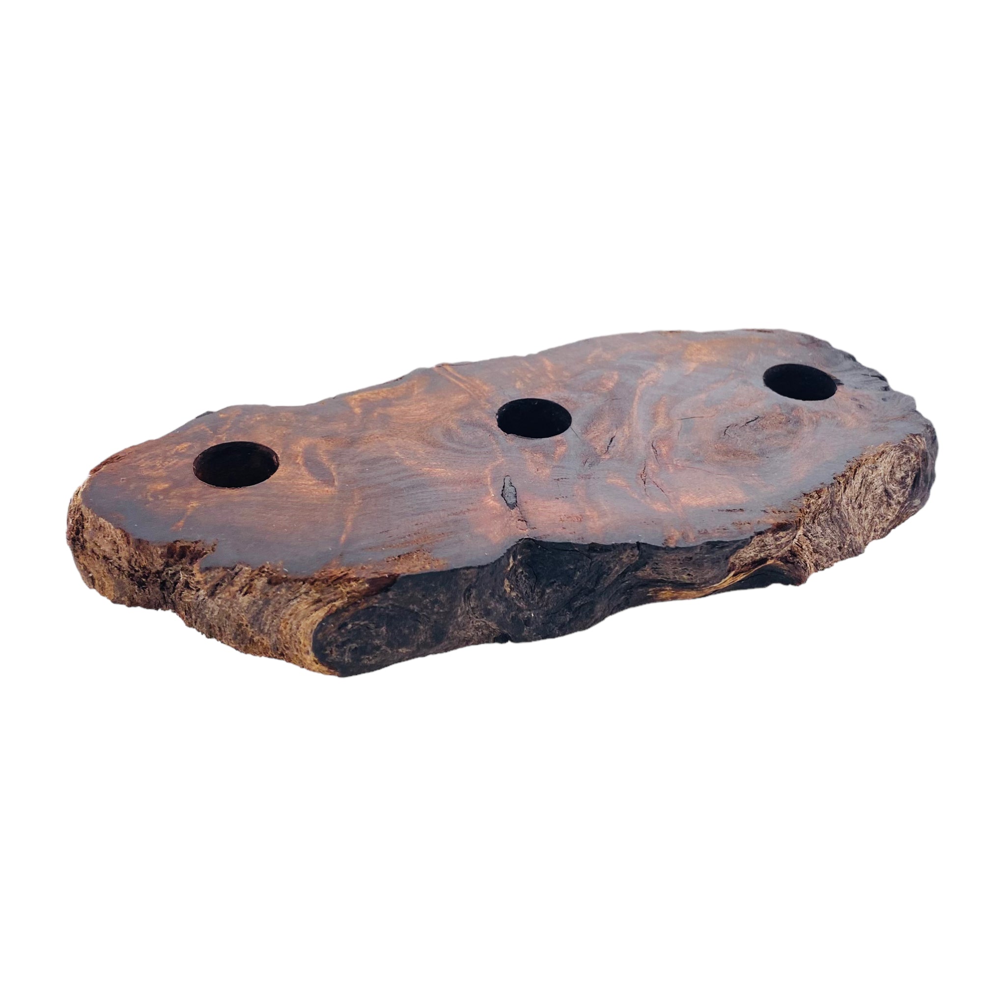 3 Hole Wood Display Stand Holder For 14mm Bong Bowl Pieces Or Quartz Bangers - Red Wood Burl With Live Edge #2