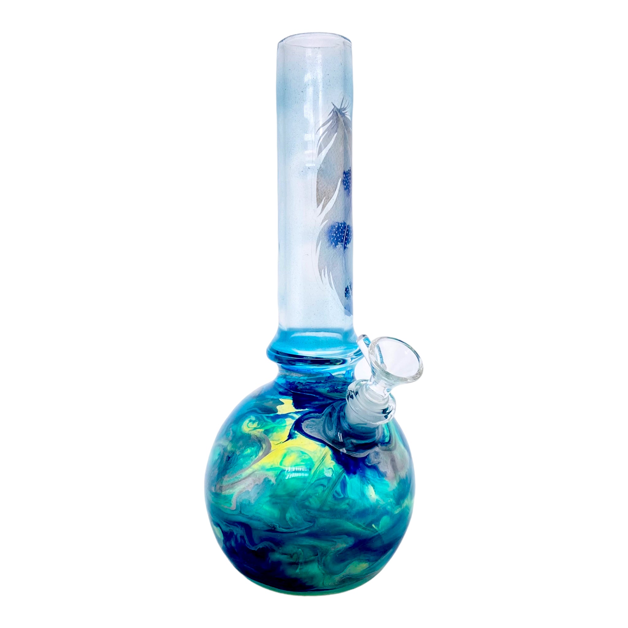Oregon Blown Glass - Blue And Green With Leaf Decal Bubble Base Bong