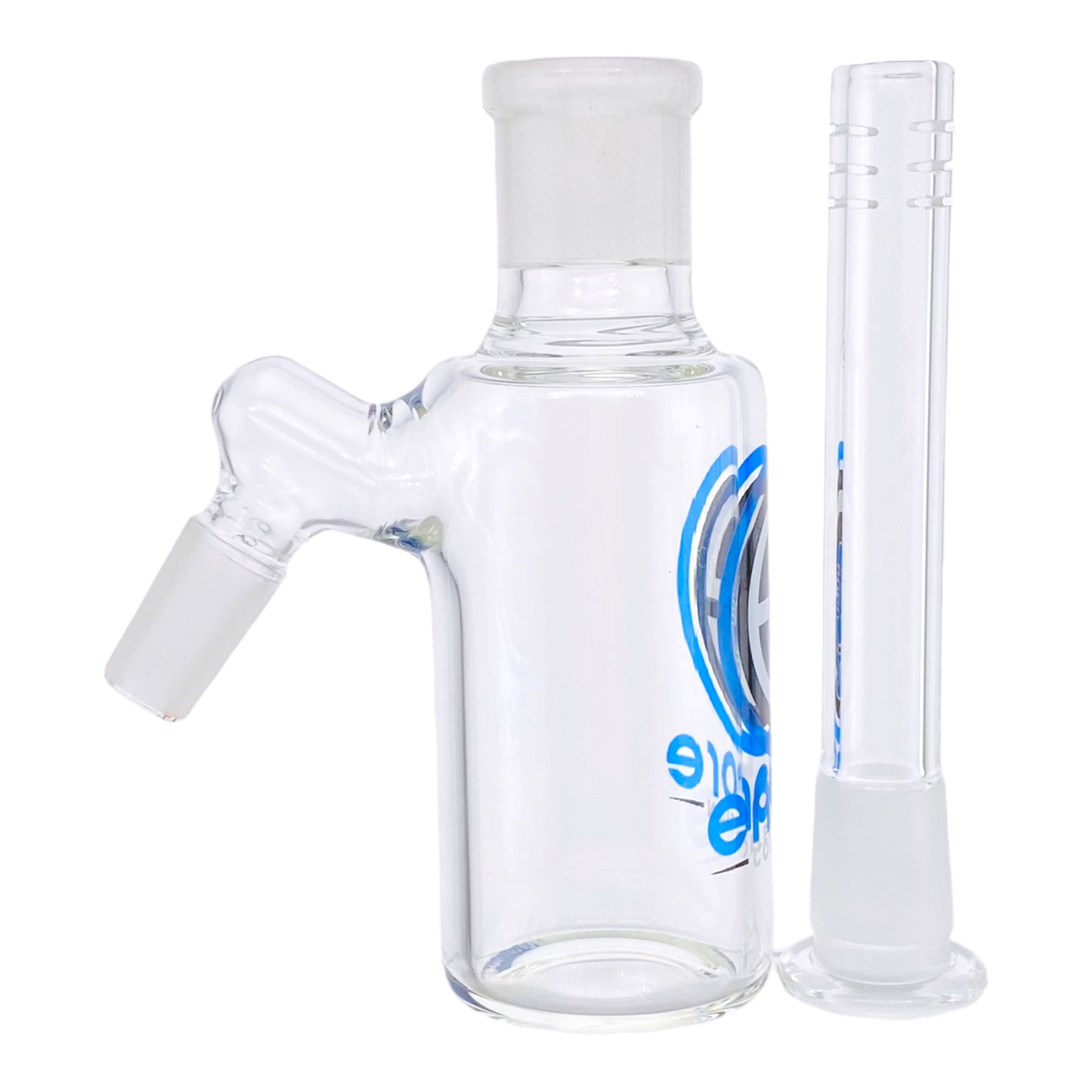 Encore Glass 14mm Ash Cathcer With 45 Degree Joint And Removable Downstem Blue Logo