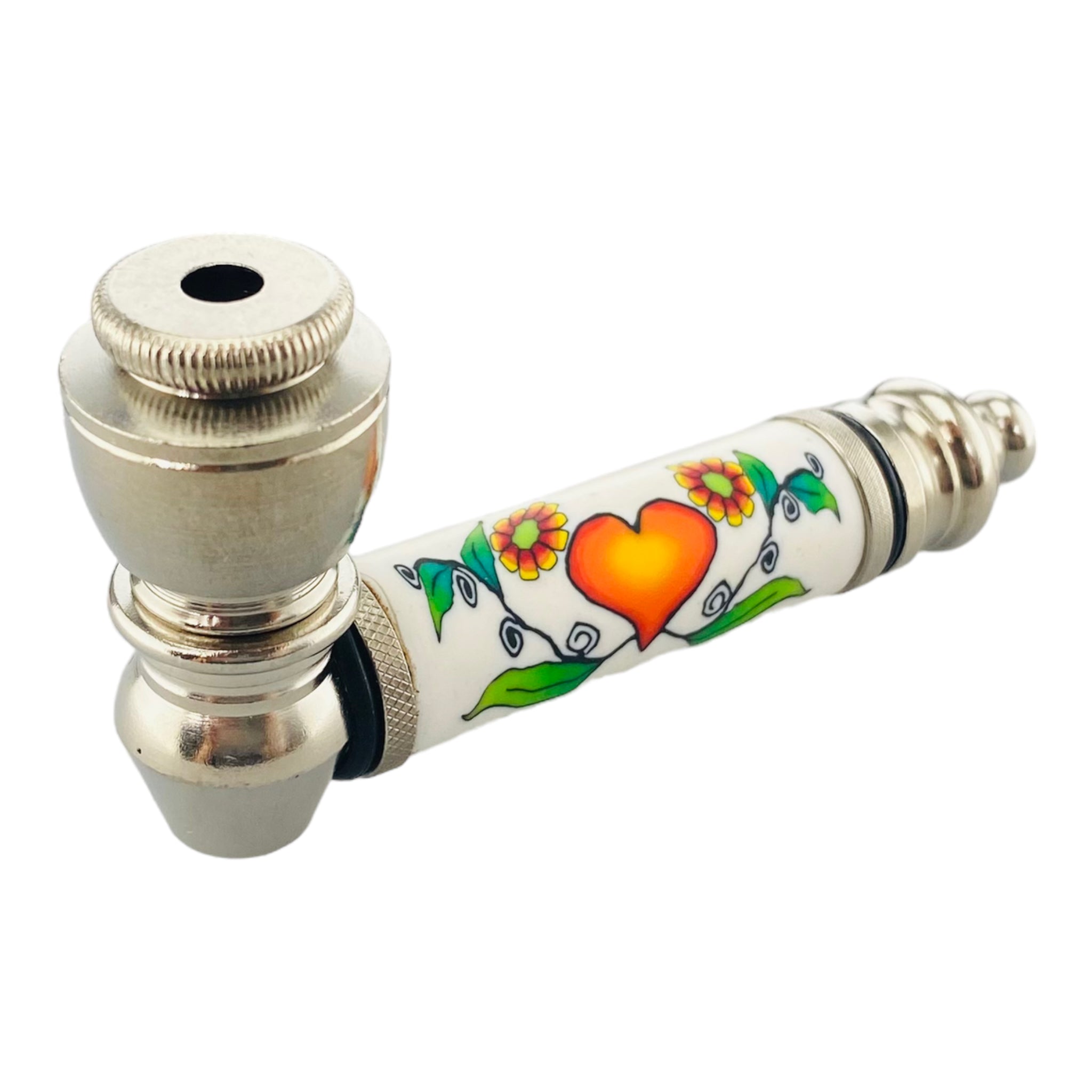 Silver Chrome Hand Pipe With Orange Heart And Flowers
