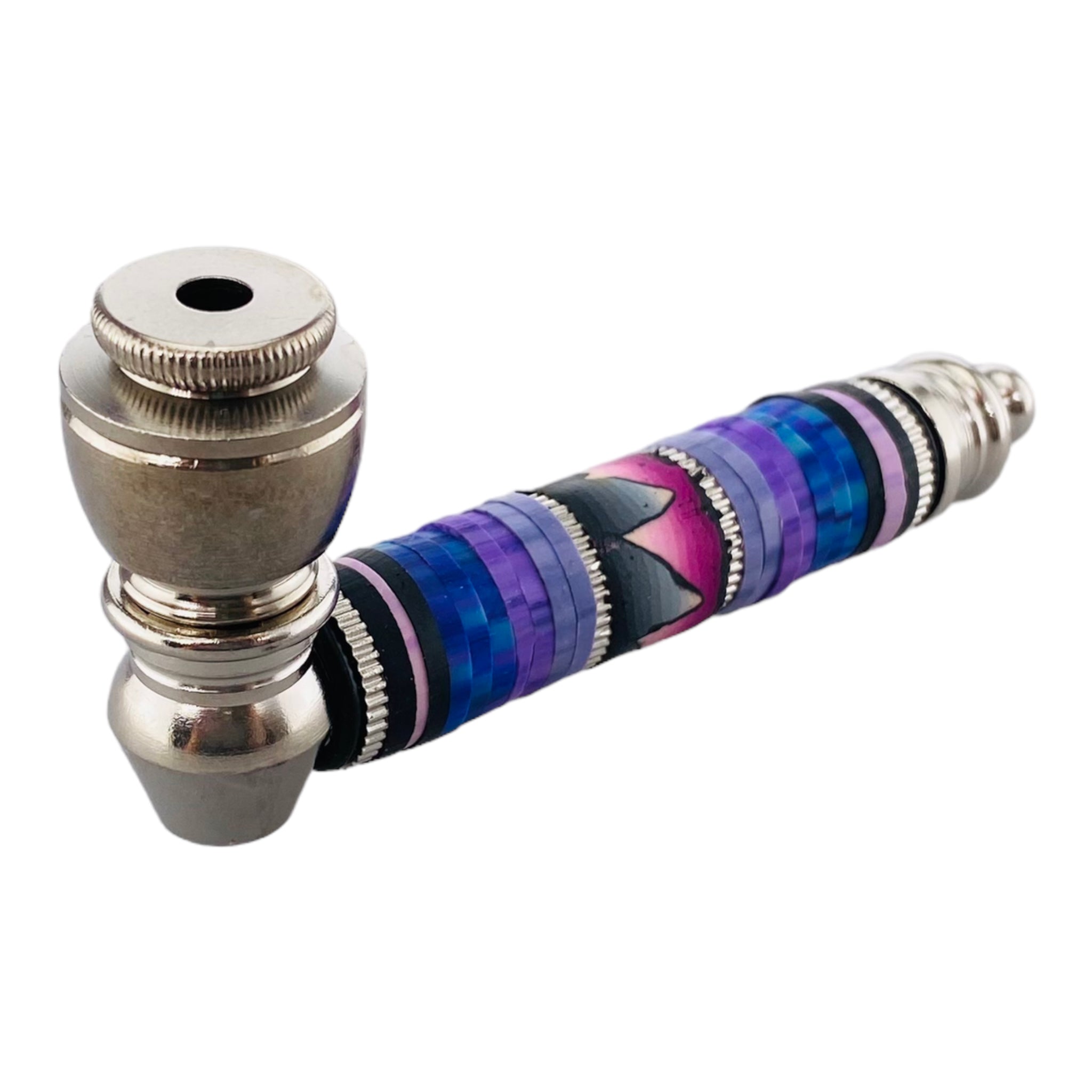 Silver Chrome Hand Pipe With Blue And Purple Design