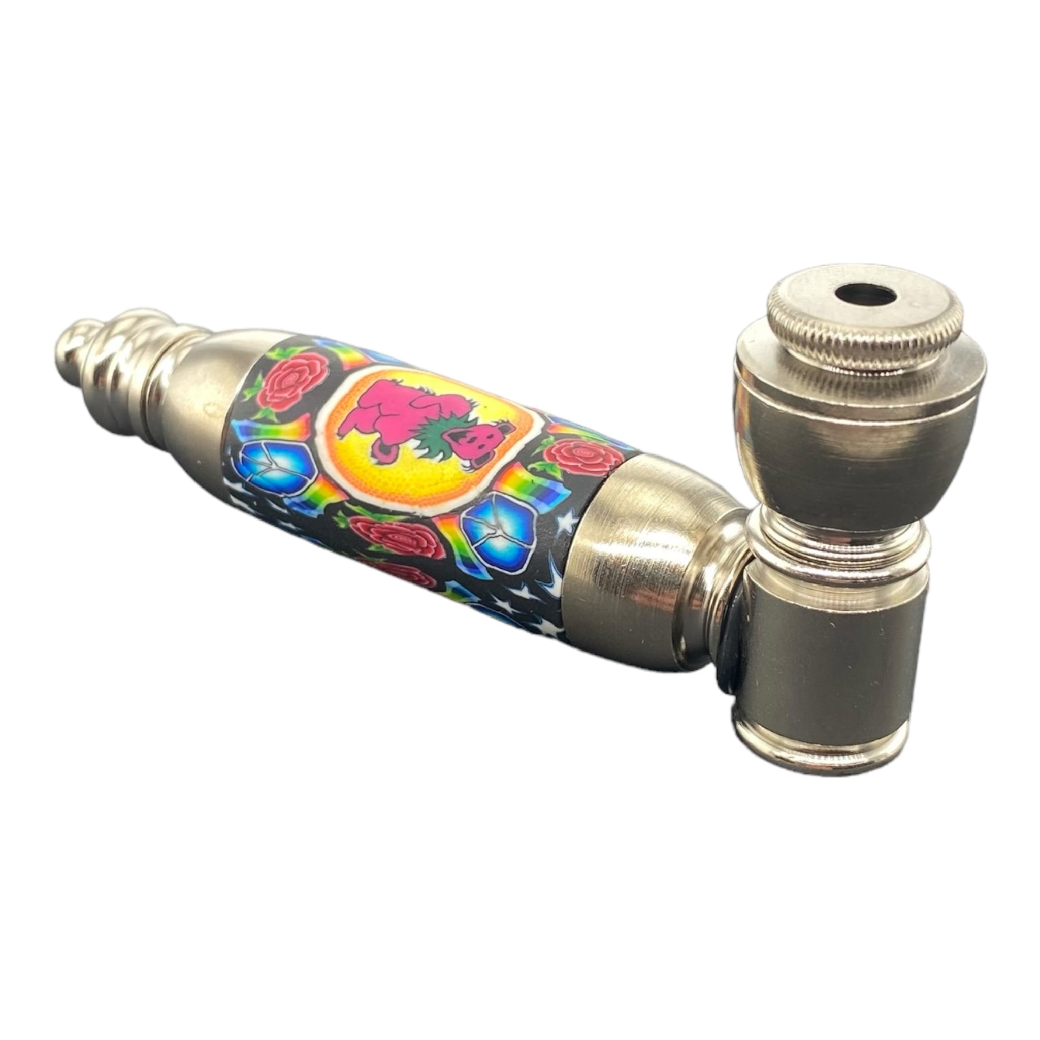 Metal Hand Pipes - Large Chamber Silver Chrome Hand Pipe With Dancing Bear