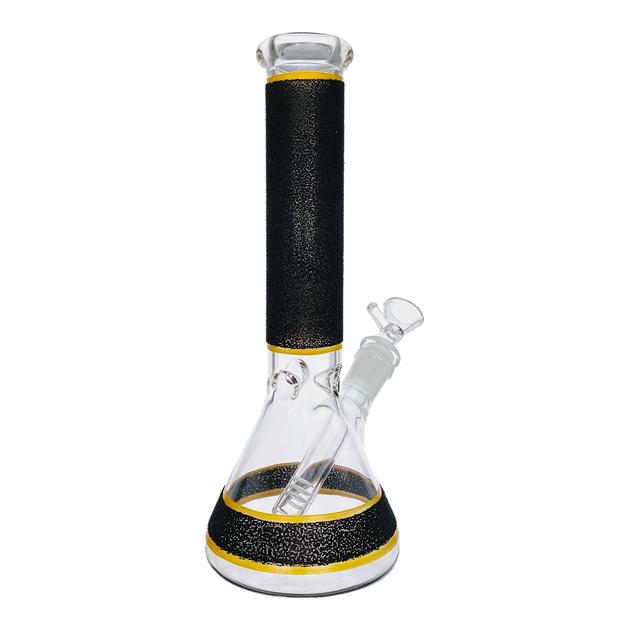 small travel bong 10 Inch Beaker Glass Bong With Black Slag Frit And Gold Bands for sale