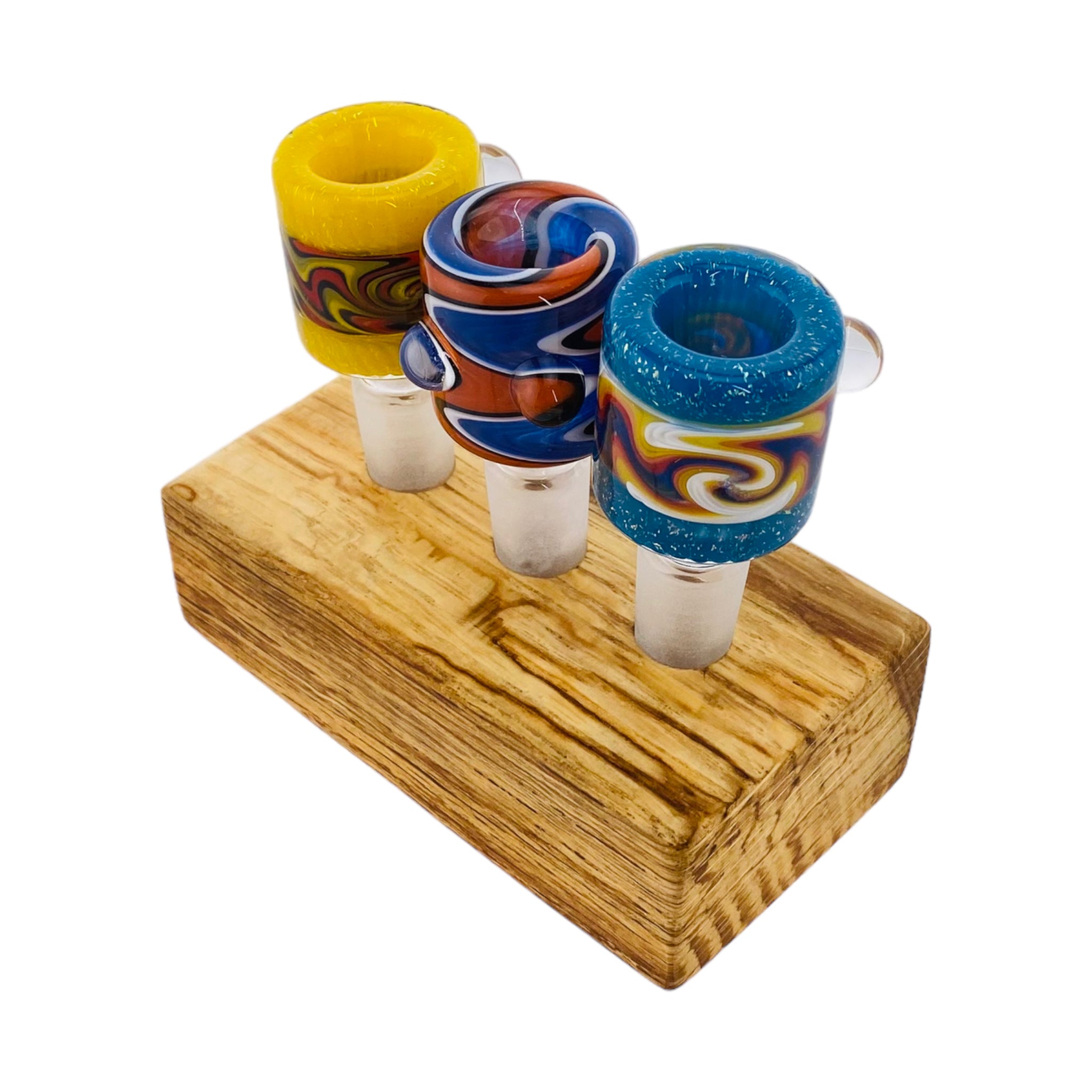 3 Hole Wood Display Stand Holder For 14mm Bong Bowl Pieces Or Quartz Bangers - Cork Oak